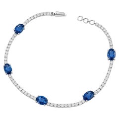 Bracelet à maillons sertis de saphirs bleus naturels ovales et de diamants, 6,44 carats, en or blanc 14 carats