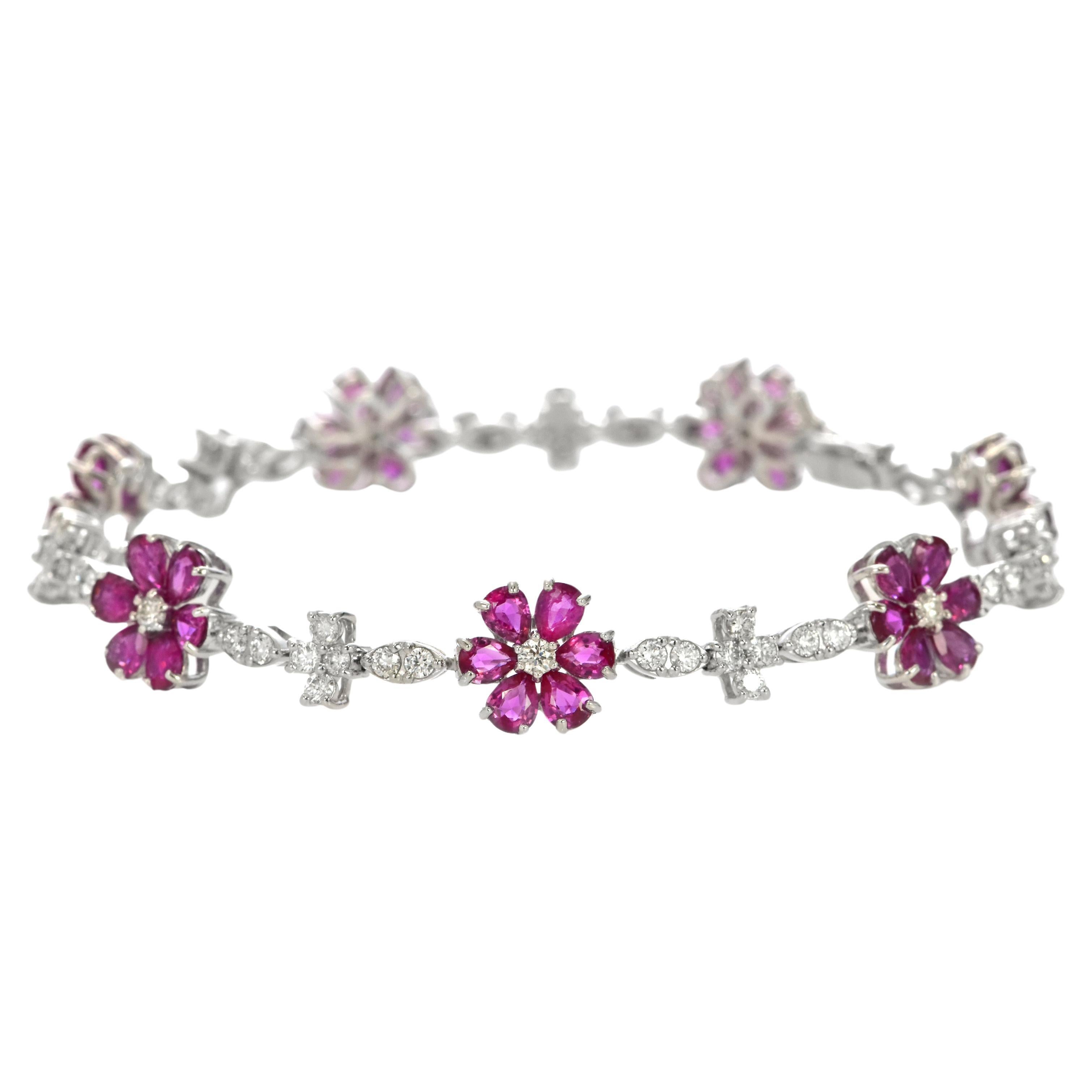 6,44 Karat Unerhitzte Rubine & Diamanten Tennis-Armband aus Platin