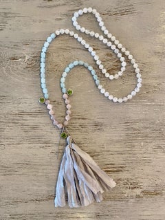 6.44 Cts Peridot, 1.15 Cts Diamond, Morganite, Aqua, and Moonstone Mala Necklace