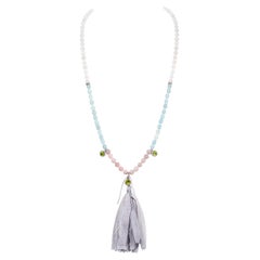 6.44 Cts Peridot, 1.15 Cts Diamond, Morganite, Aqua, and Moonstone Mala Necklace