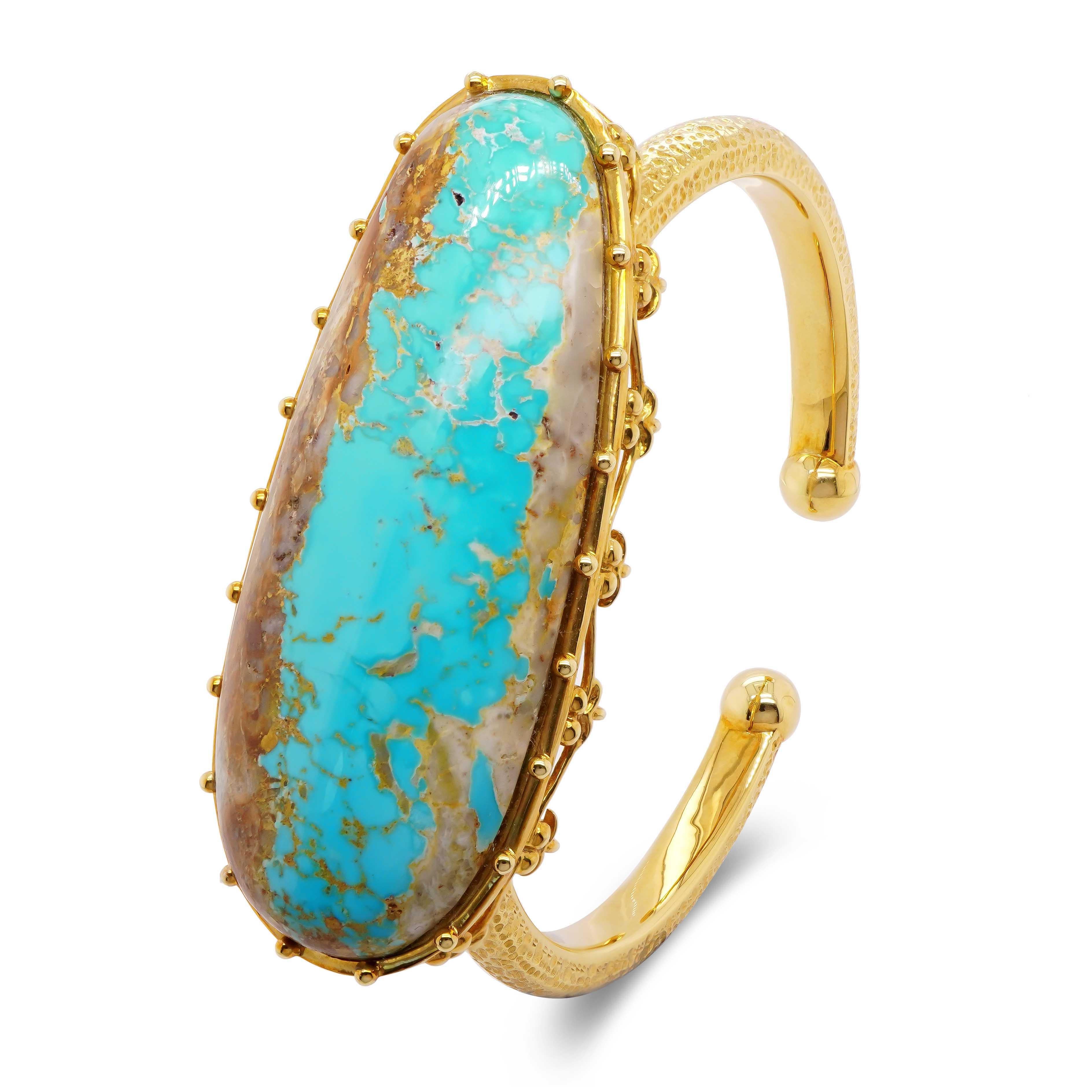 Aesthetic Movement 64.45 Carats Turquoise 18k Yellow Gold Mermaid Bangle For Sale