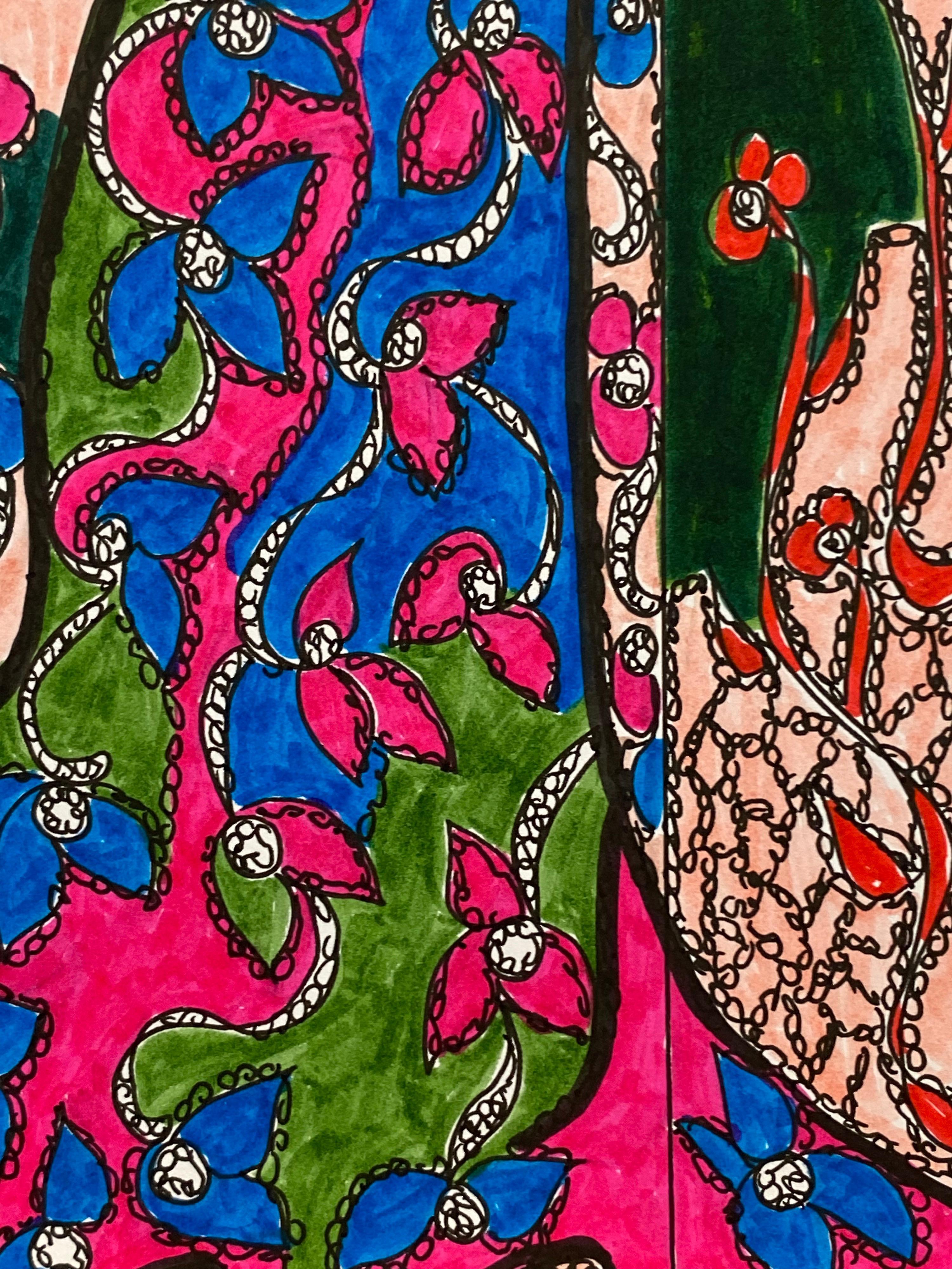 Original Fashion Design Illustration
by Roz Jennings, British
watercolor and ink on card, unframed
size: 12 x 8.25 inches
condition: very good

A beautifully colorful and characterful original artwork by British fashion designer, Roz Jennings. We