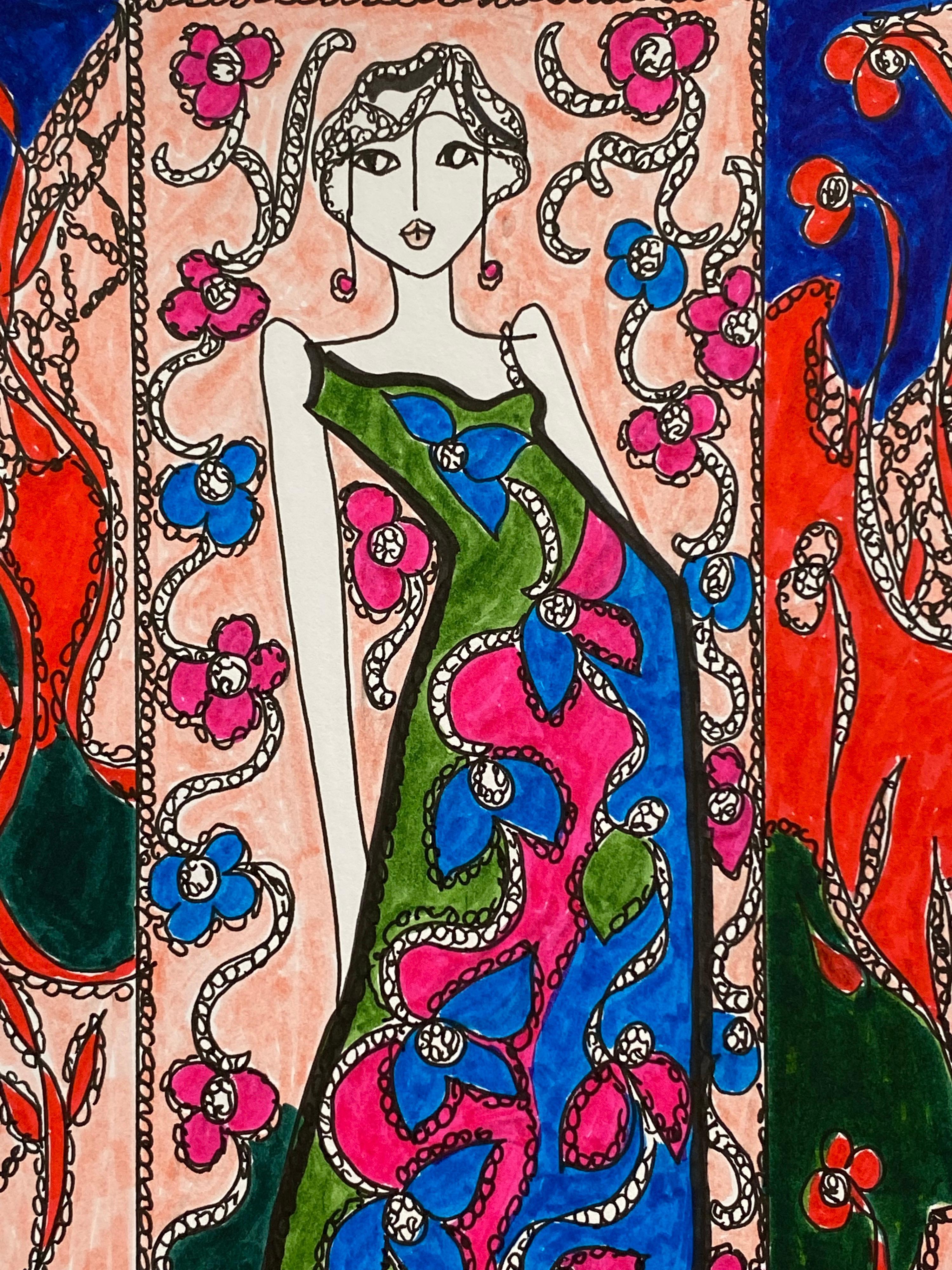 Original Fashion Design Illustration Watercolor Painting Laura Ashley Designer - Art by Unknown