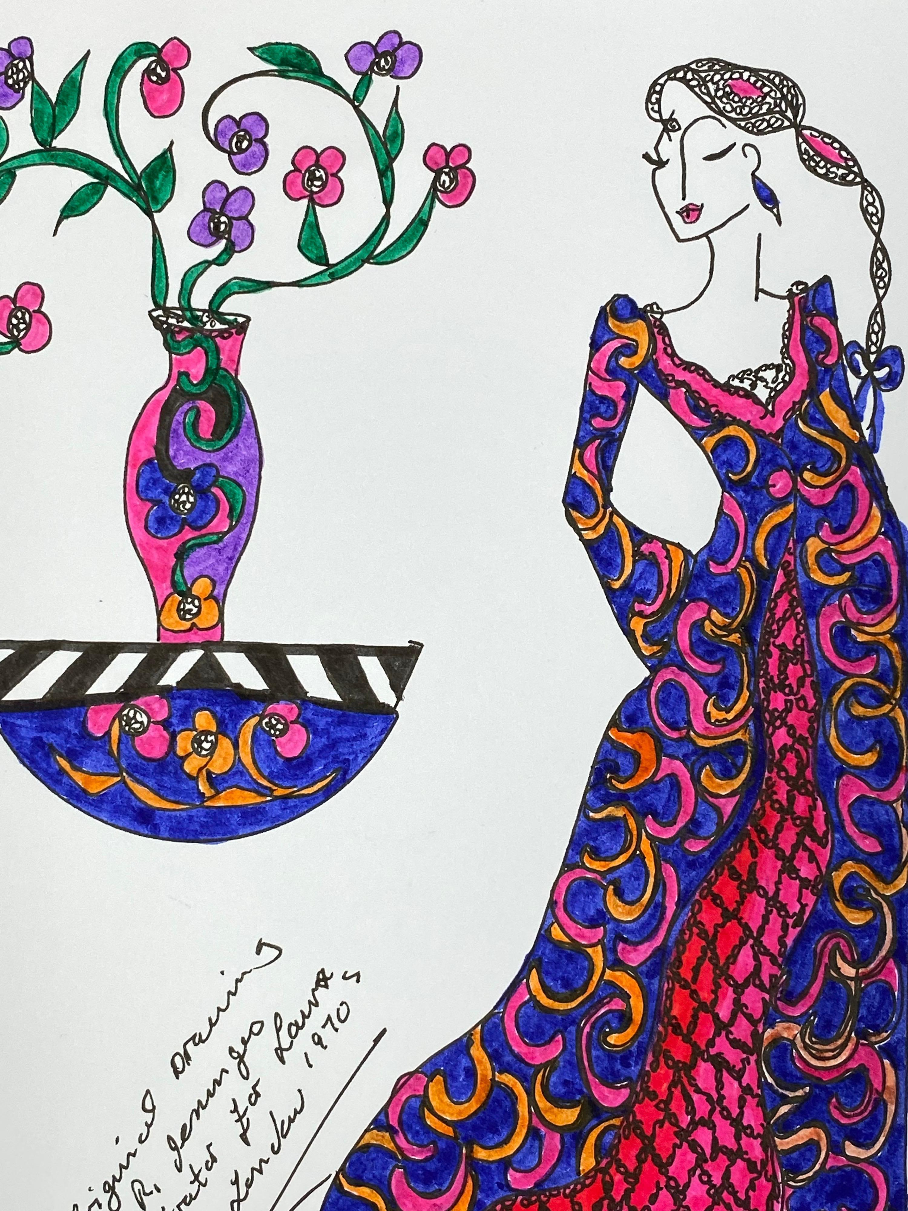 Original Fashion Design Illustration Watercolor Painting Laura Ashley Designer - Gray Figurative Art by Unknown