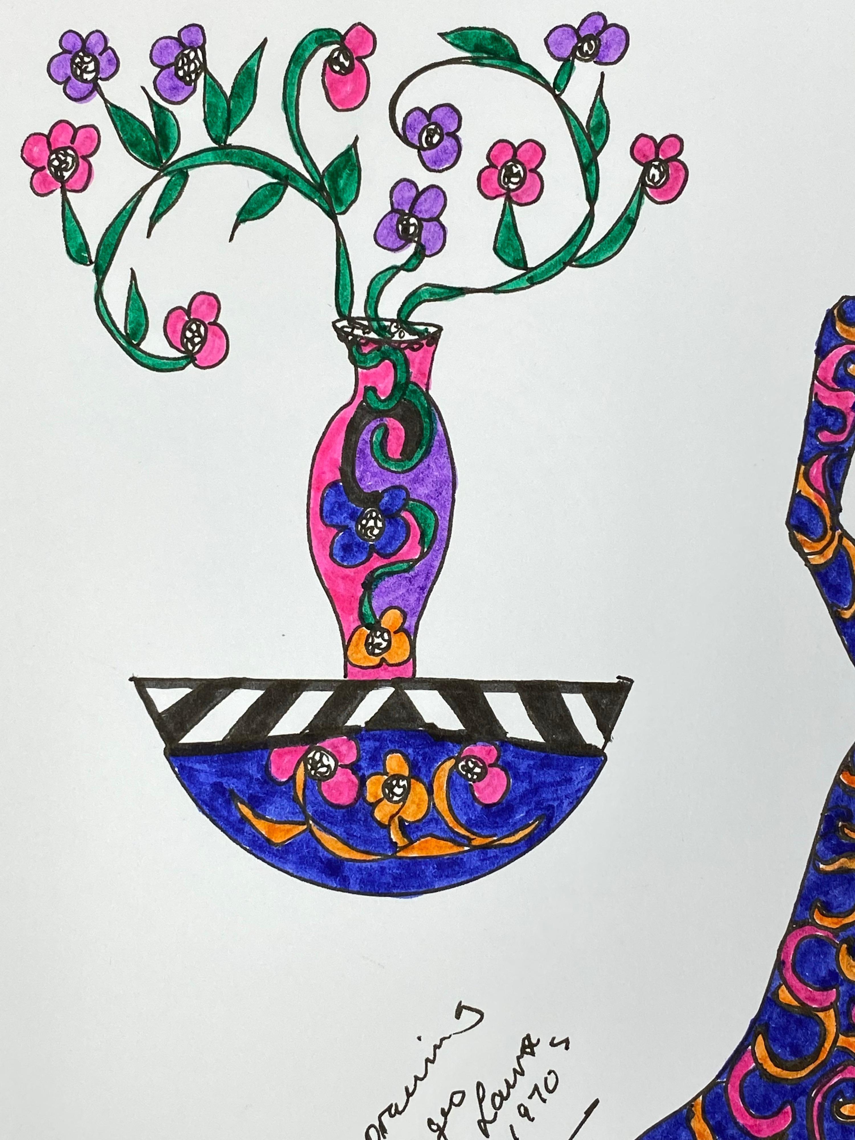 Original Fashion Design Illustration
by Roz Jennings, British
watercolor and ink on card, unframed
size: 12 x 8.25 inches
condition: very good

A beautifully colorful and characterful original artwork by British fashion designer, Roz Jennings. We