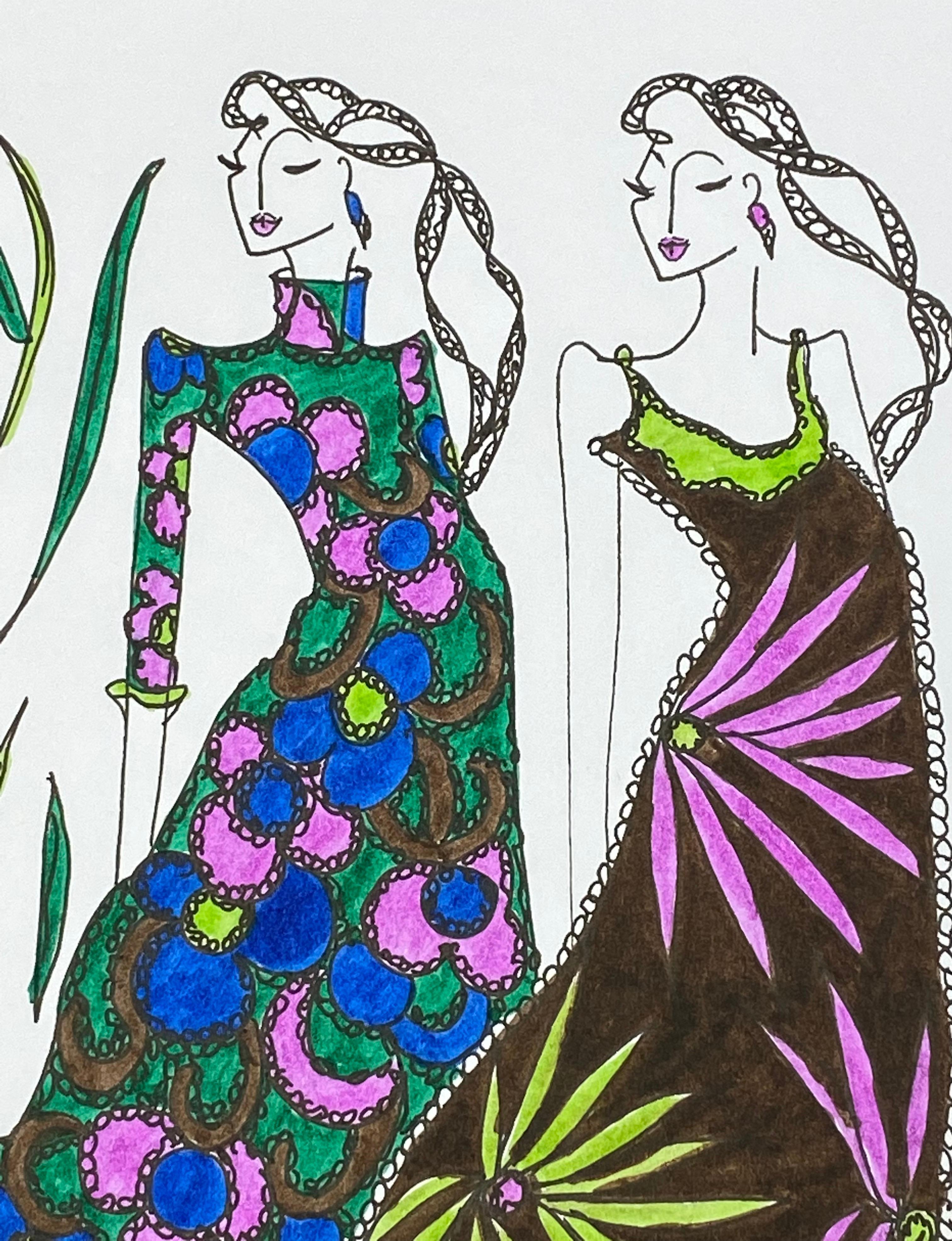 Original fashion design illustration
by Roz Jennings, British
watercolor and ink on card, unframed
size: 12 x 8.25 inches
condition: very good

A beautifully colorful and characterful original artwork by British fashion designer, Roz Jennings. We