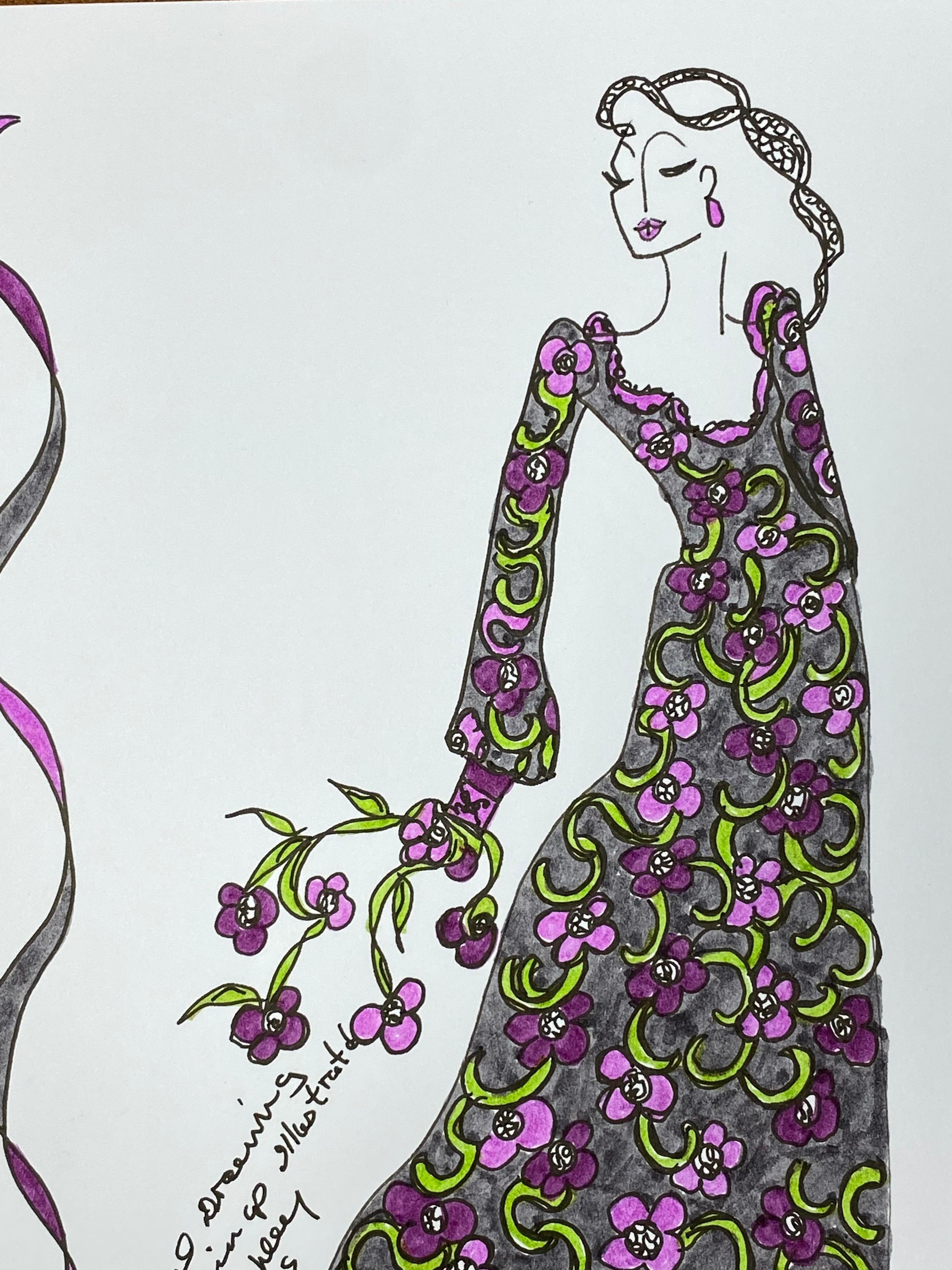 Original Fashion Design Illustration Watercolor Painting Laura Ashley Designer - Gray Figurative Art by Unknown