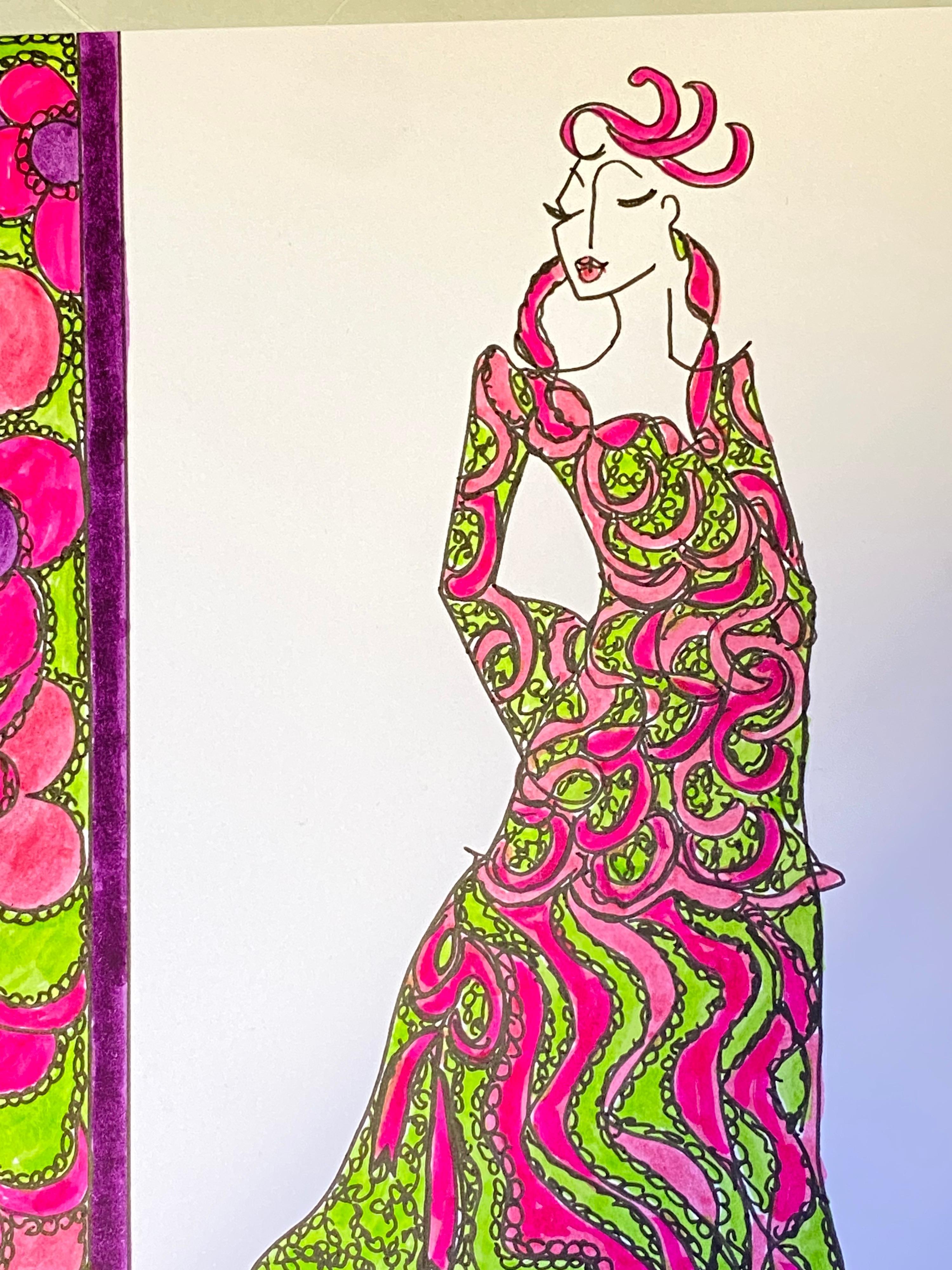 Original fashion design illustration
by Roz Jennings, British
watercolor and ink on card, unframed
size: 12 x 8.25 inches
condition: very good

A beautifully colorful and characterful original artwork by British fashion designer, Roz Jennings. We