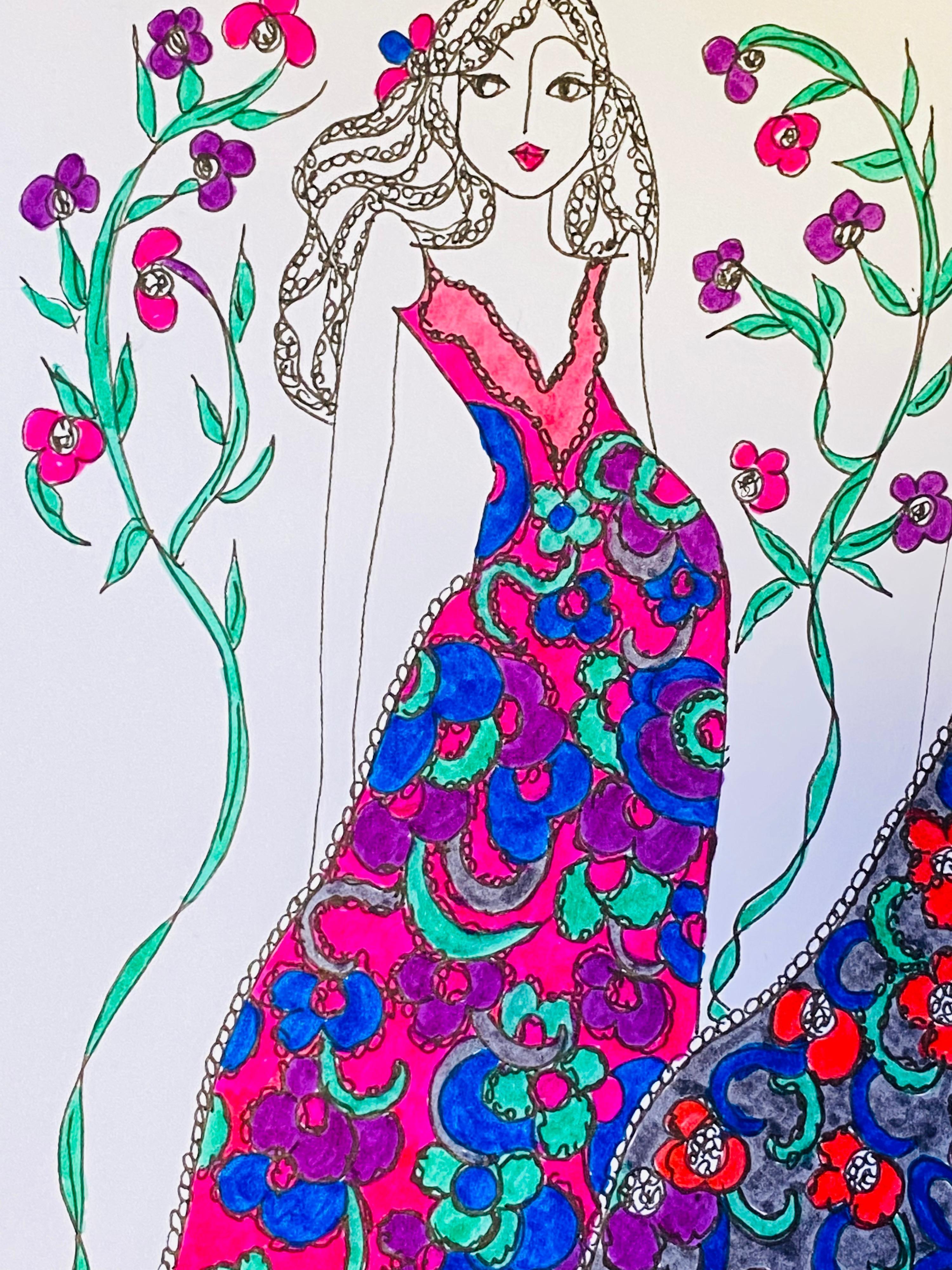 Illustration originale de design de mode
par Roz Jennings, britannique
aquarelle et encre sur carton, non encadré
taille : 12 x 8.25 pouces
état : très bon

Une œuvre d'art originale magnifiquement colorée et pleine de caractère de la créatrice de