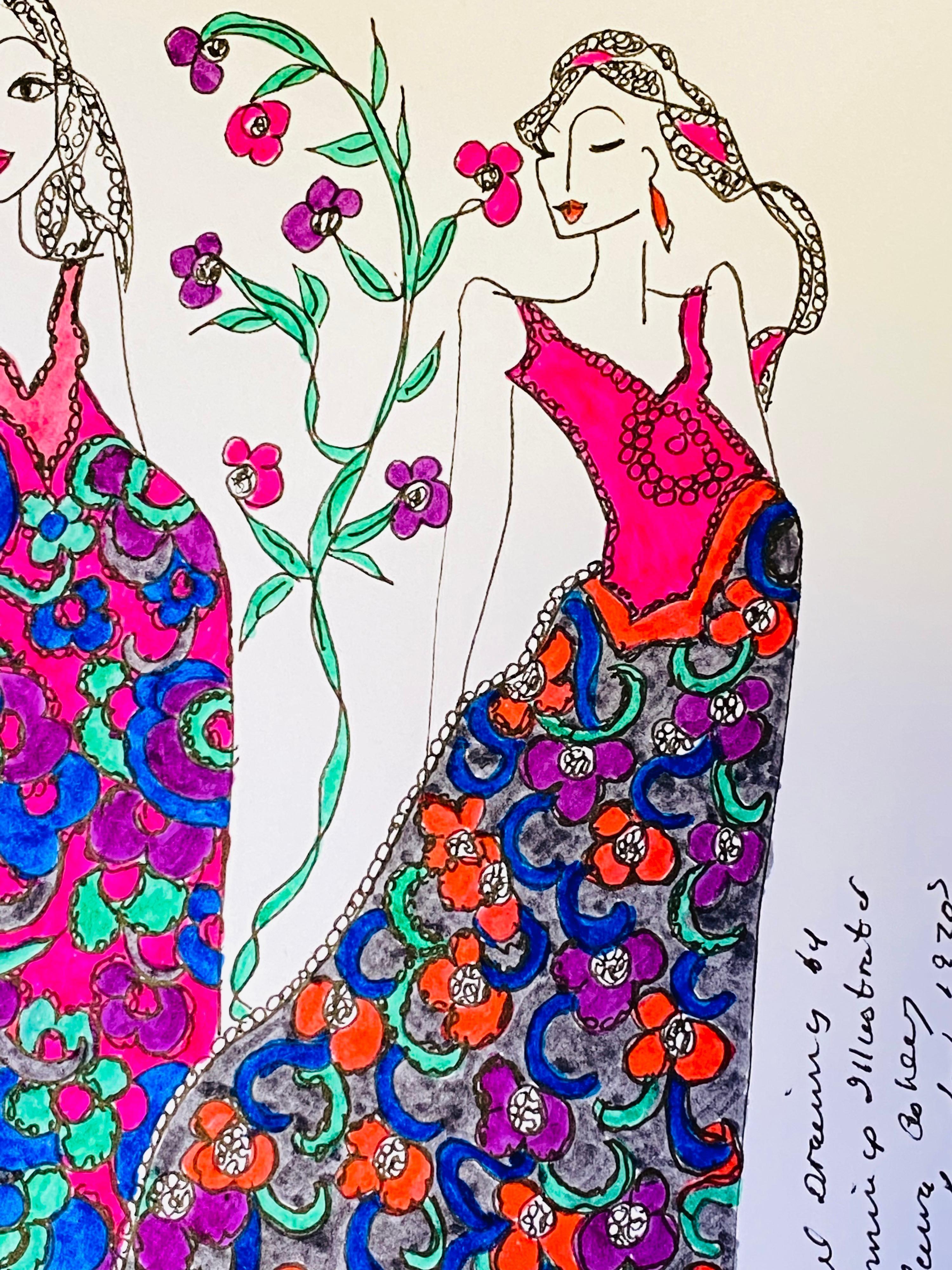 Illustration de mode originale à l'aquarelle - Peinture d'une créatrice Laura Ashley - Gris Figurative Art par Unknown