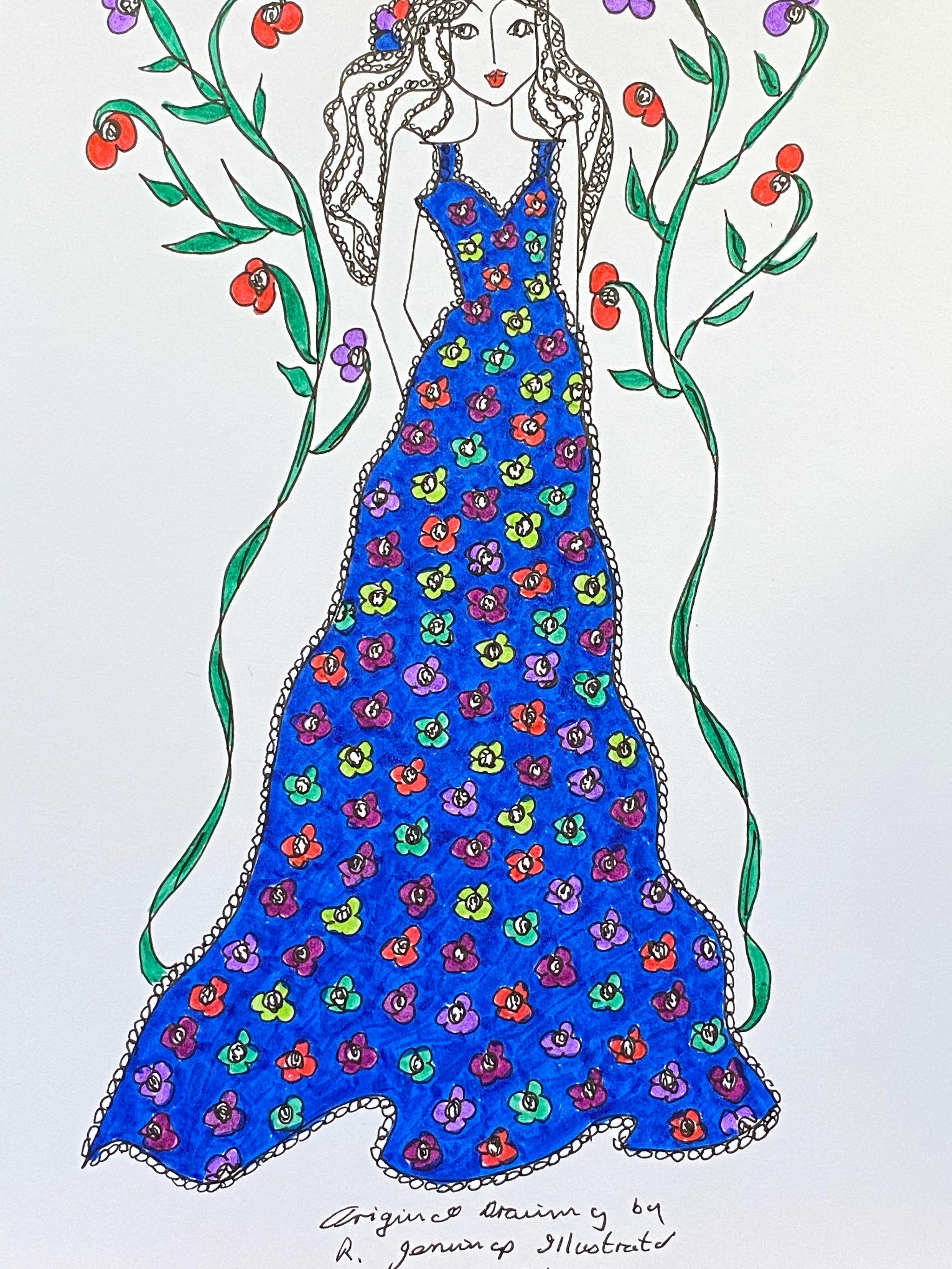 Illustration de mode originale à l'aquarelle - Peinture d'une créatrice Laura Ashley - Art de Unknown