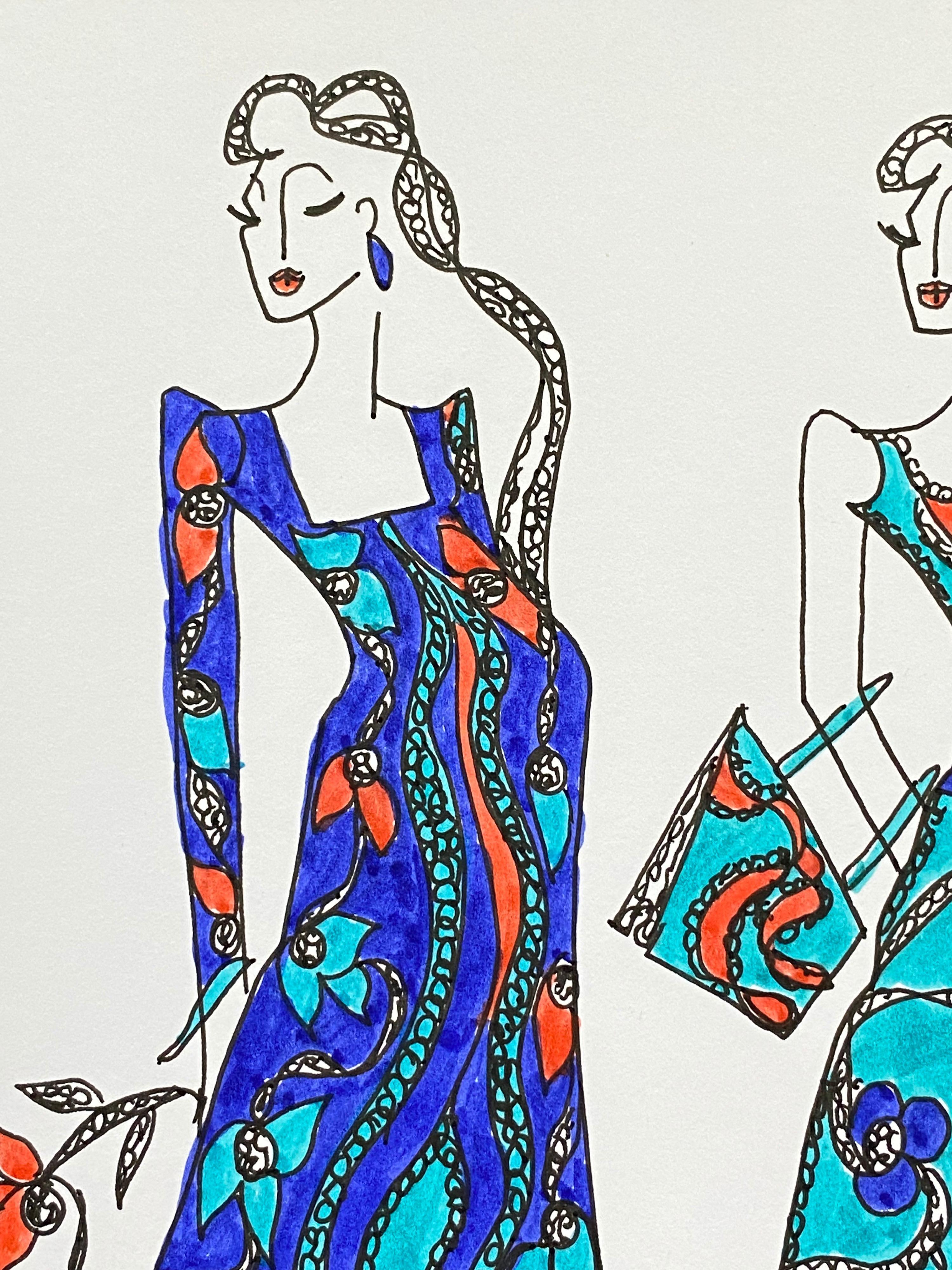 Illustration originale de design de mode
par Roz Jennings, britannique
aquarelle et encre sur carton, non encadré
taille : 12 x 8.25 pouces
état : très bon

Une œuvre d'art originale magnifiquement colorée et pleine de caractère de la créatrice de