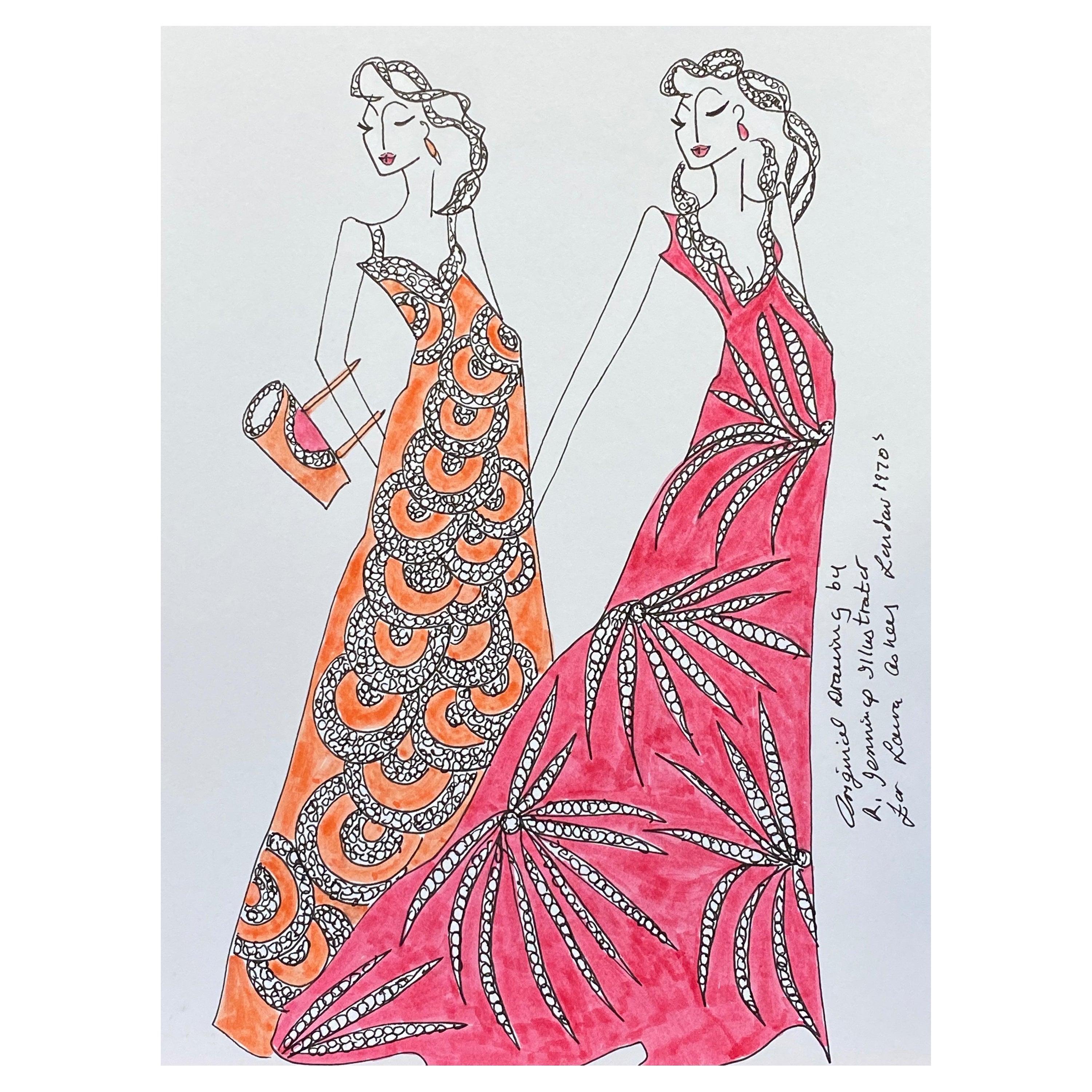Figurative Art Unknown - Illustration de mode originale à l'aquarelle - Peinture d'une créatrice Laura Ashley