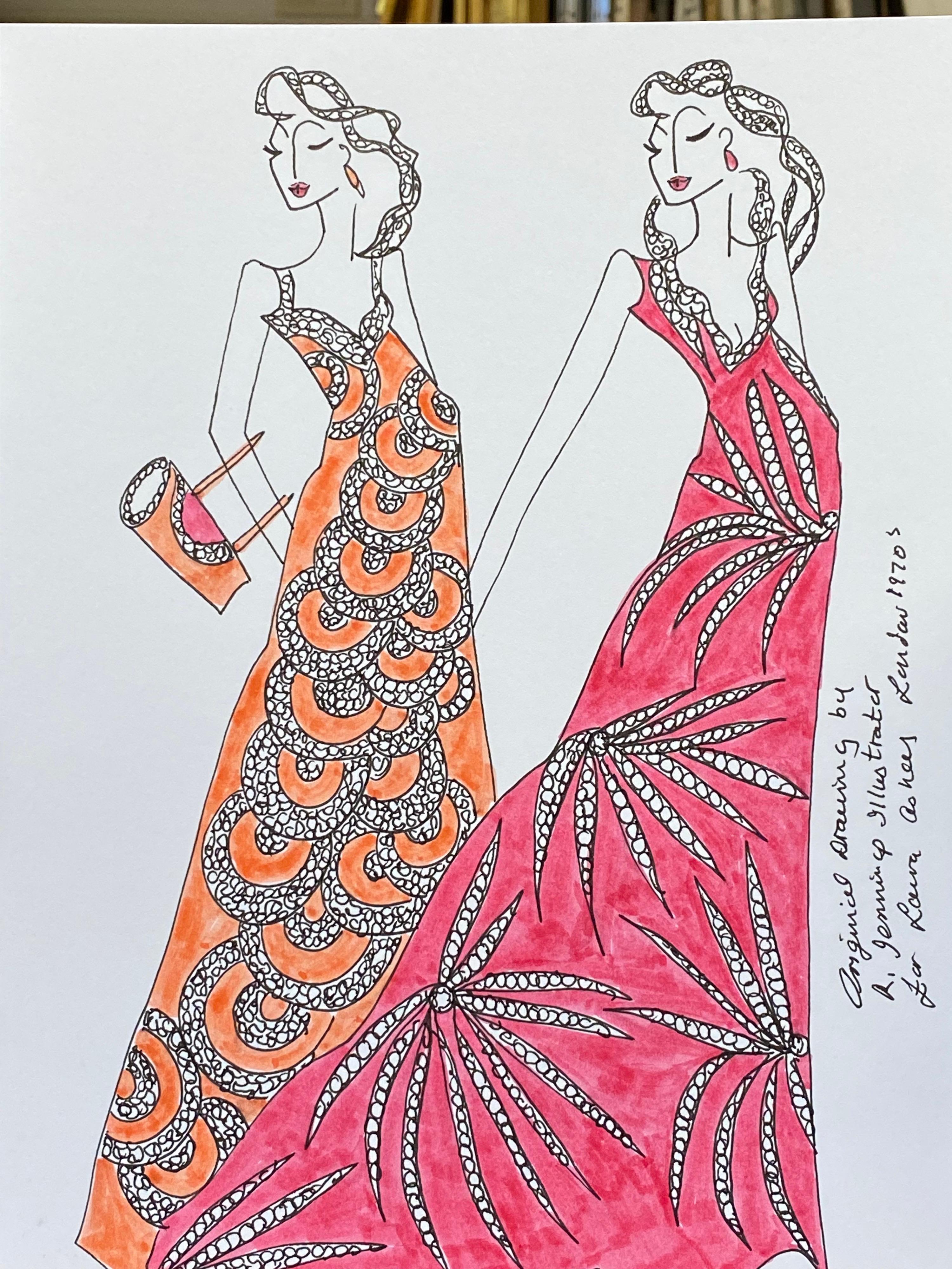 Illustration de mode originale à l'aquarelle - Peinture d'une créatrice Laura Ashley - Art de Unknown