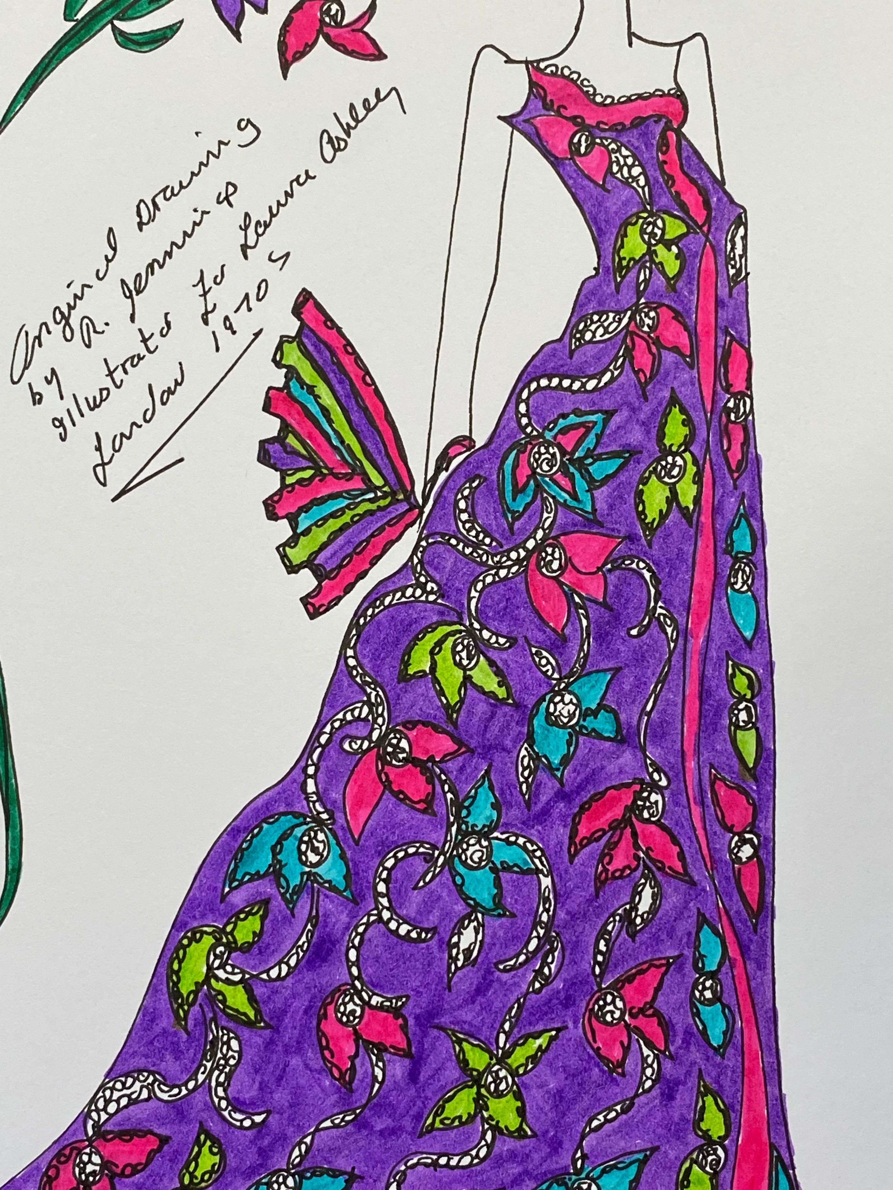Illustration de mode originale à l'aquarelle - Peinture d'une créatrice Laura Ashley - Art de Unknown