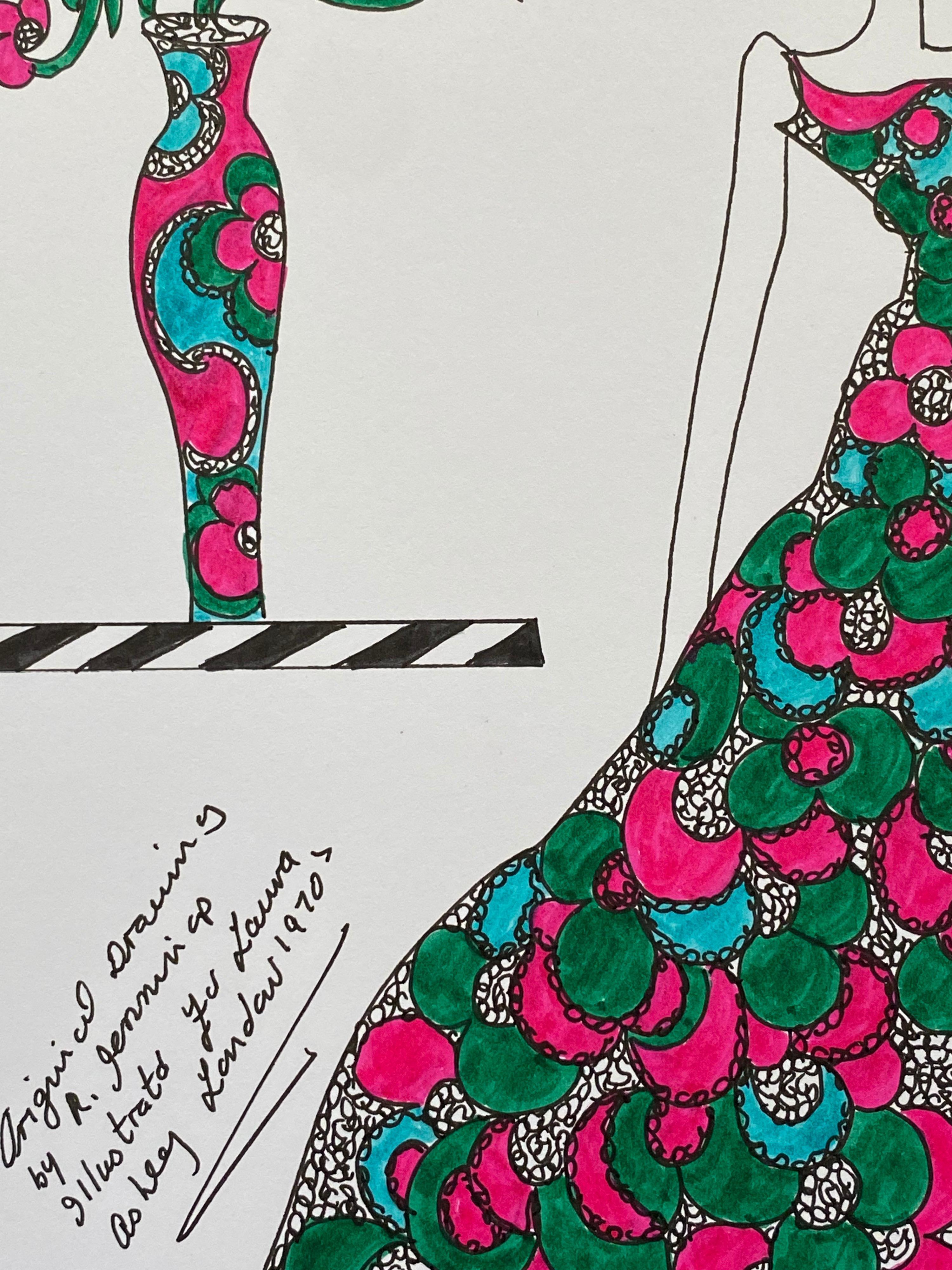 Illustration de mode originale à l'aquarelle - Peinture d'une créatrice Laura Ashley en vente 1