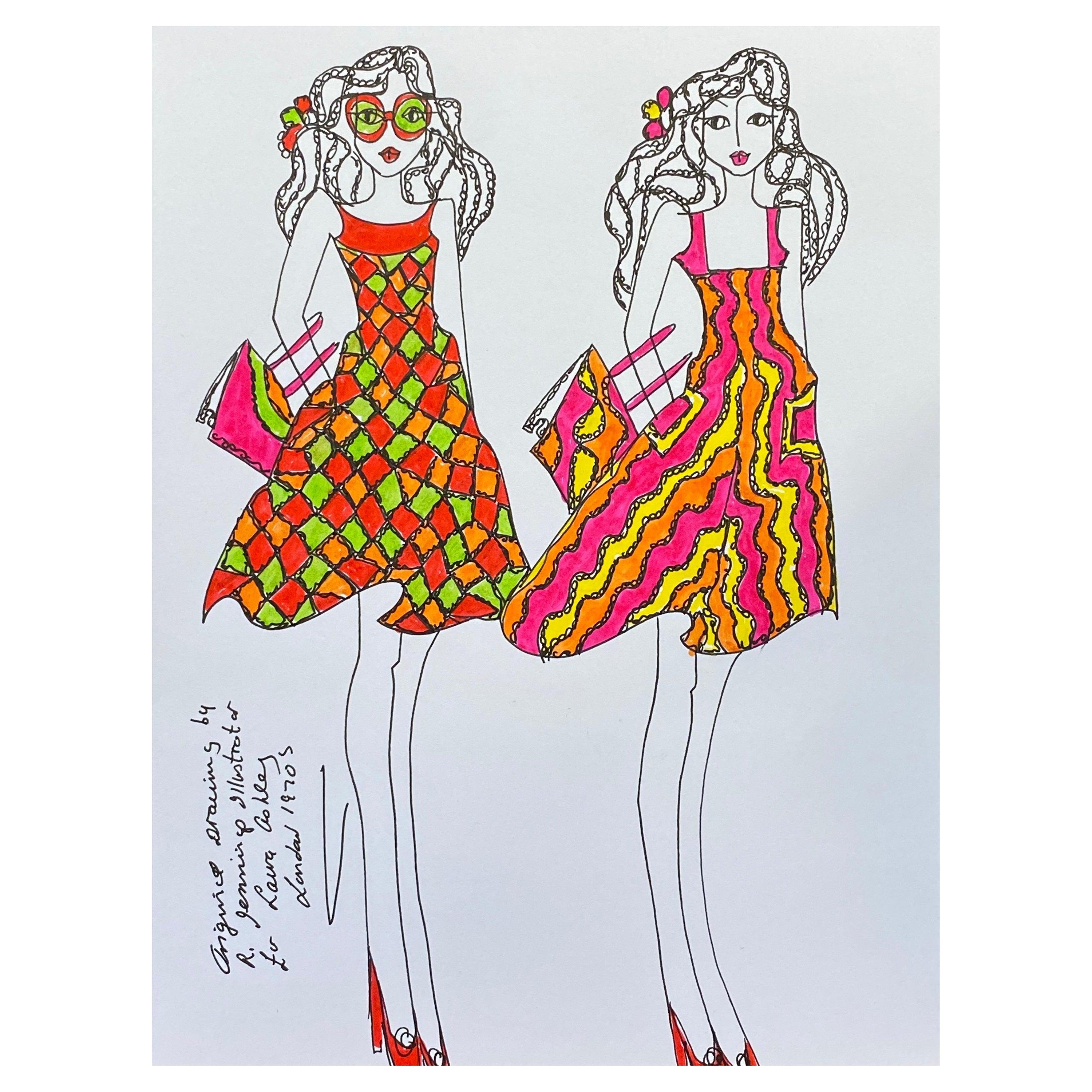 Figurative Art Unknown - Illustration de mode originale à l'aquarelle - Peinture d'une créatrice Laura Ashley