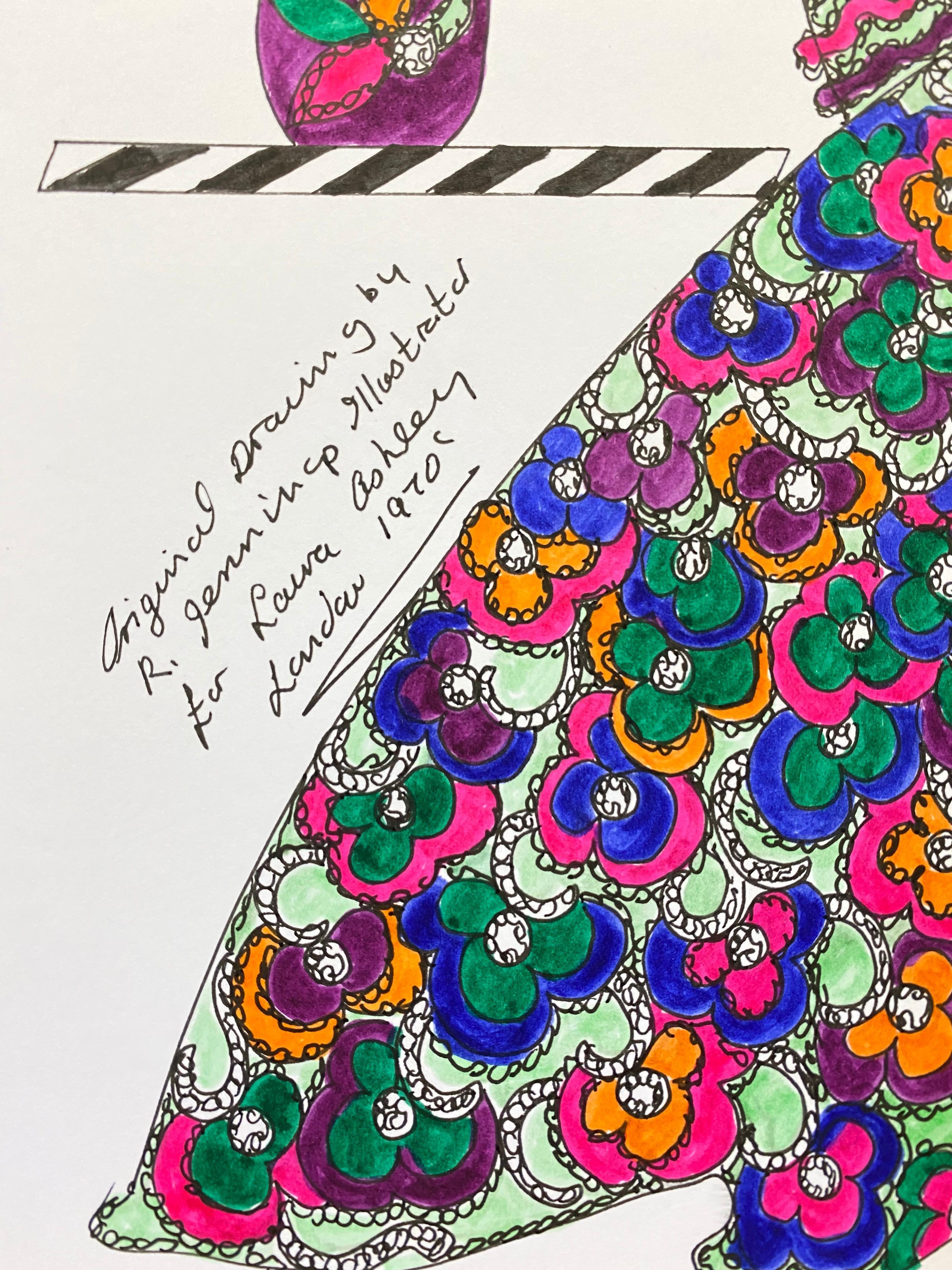 Original Fashion Design Illustration
by Roz Jennings, British
watercolor and ink on card, unframed
size: 12 x 8.25 inches
condition: very good

A beautifully colorful and characterful original artwork by British fashion designer, Roz Jennings. We