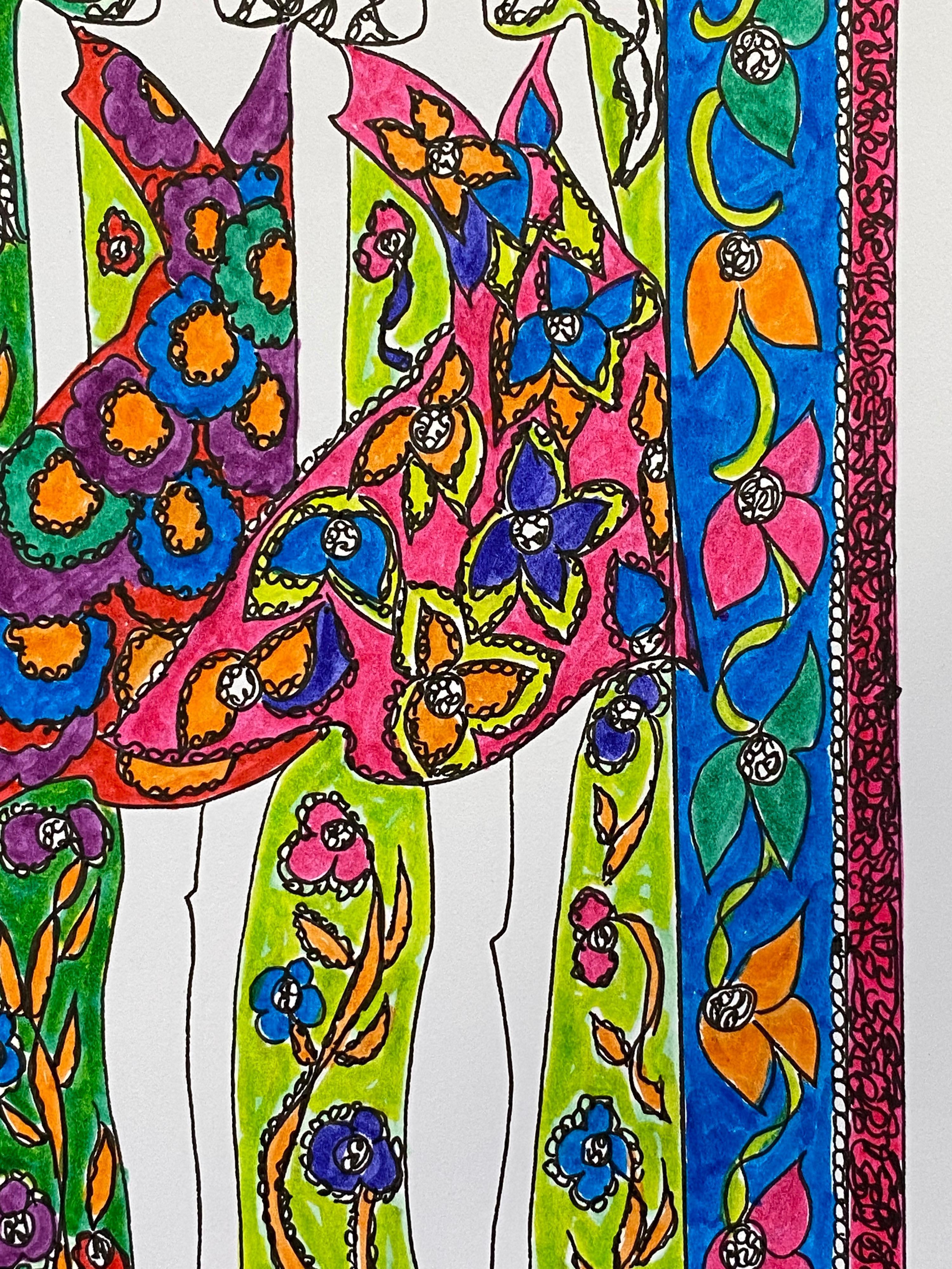 Original Fashion Design Illustration
by Roz Jennings, British
watercolor and ink on card, unframed
size: 12 x 8.25 inches
condition: very good

A beautifully colorful and characterful original artwork by British fashion designer, Roz Jennings. We