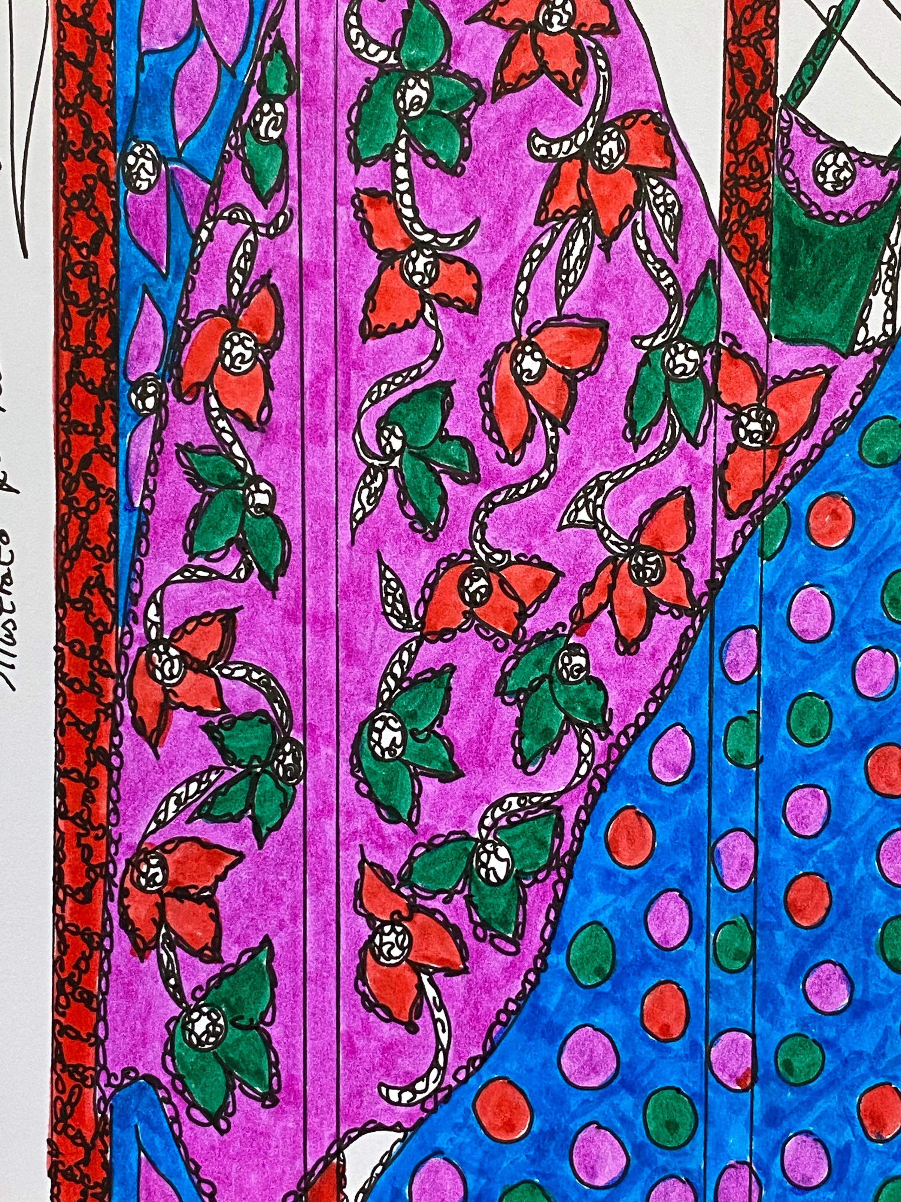 Original Fashion Design Illustration
by Roz Jennings, British
watercolor and ink on card, unframed
size: 12 x 8.25 inches
condition: very good

A beautifully colorful and characterful original artwork by British fashion designer, Roz Jennings. We