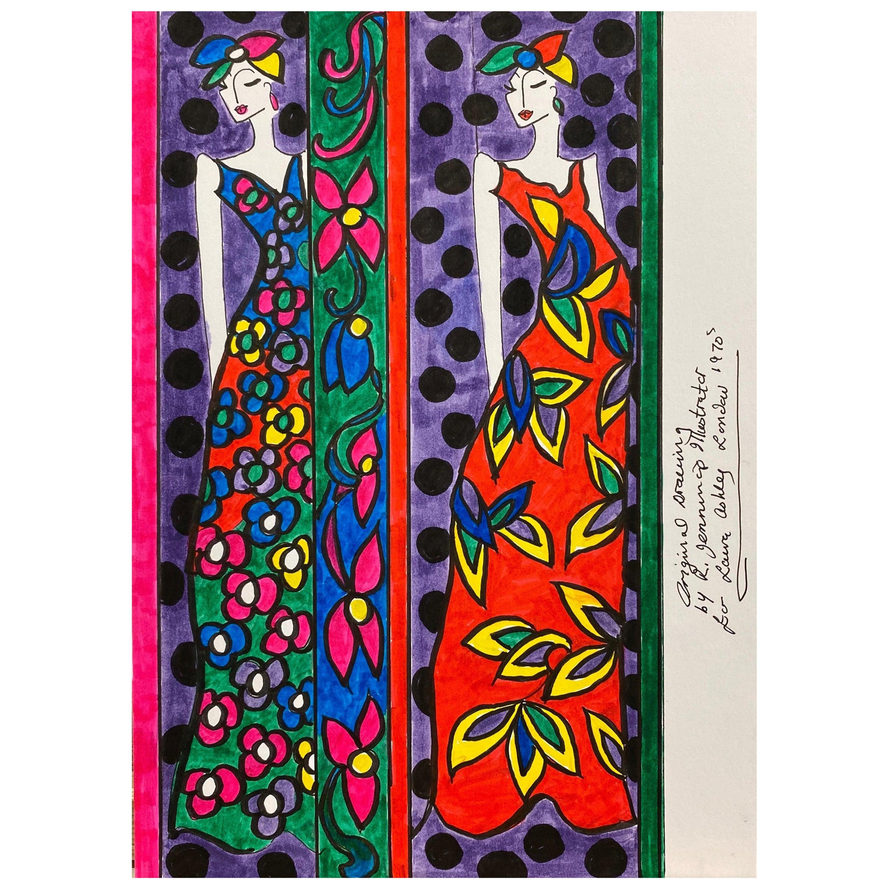Unknown Figurative Art - Original Fashion Design Illustration Watercolor Painting Laura Ashley Designer