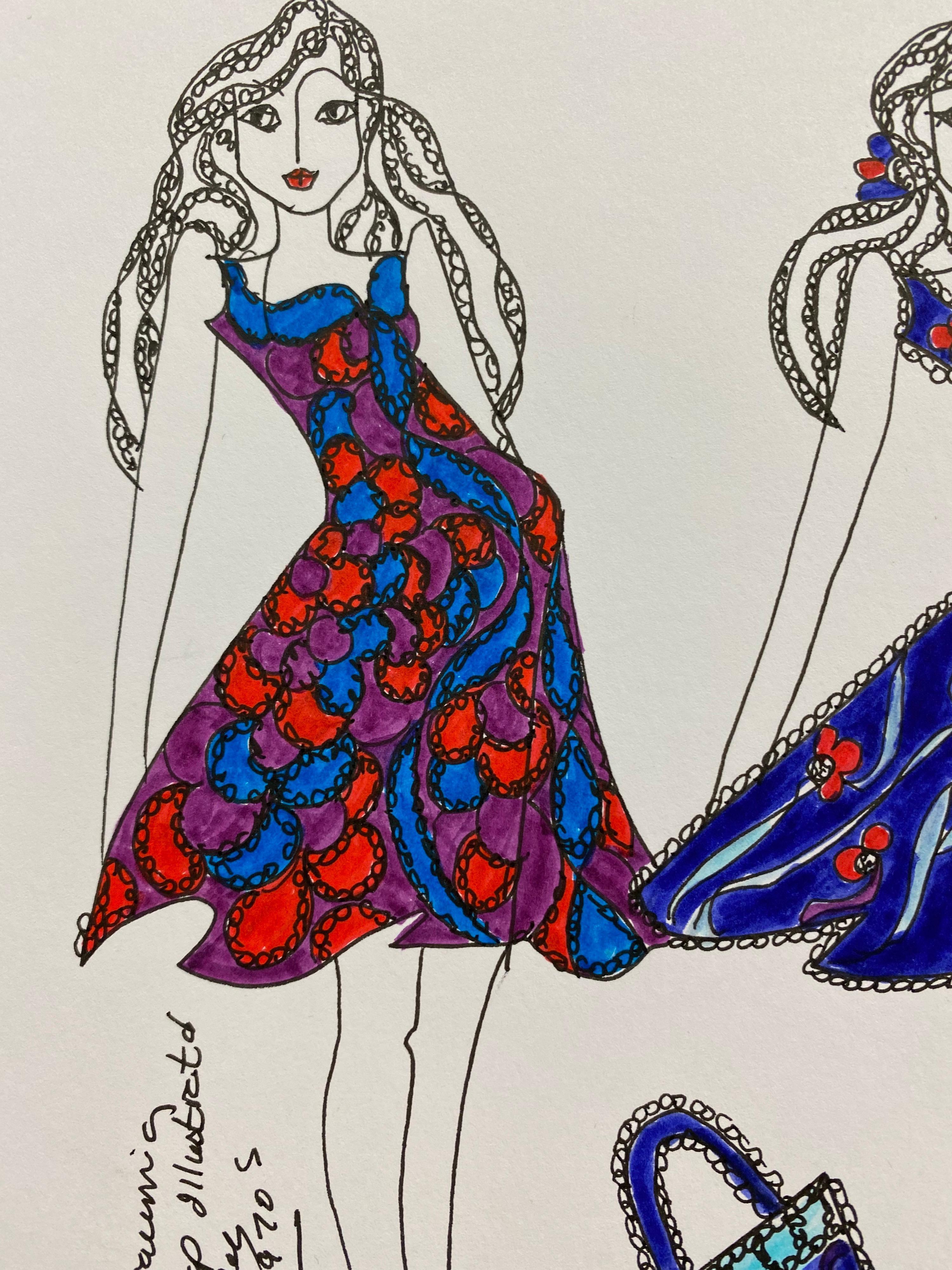 Original Fashion Design Illustration Watercolor Painting Laura Ashley Designer - Gray Figurative Art by Unknown