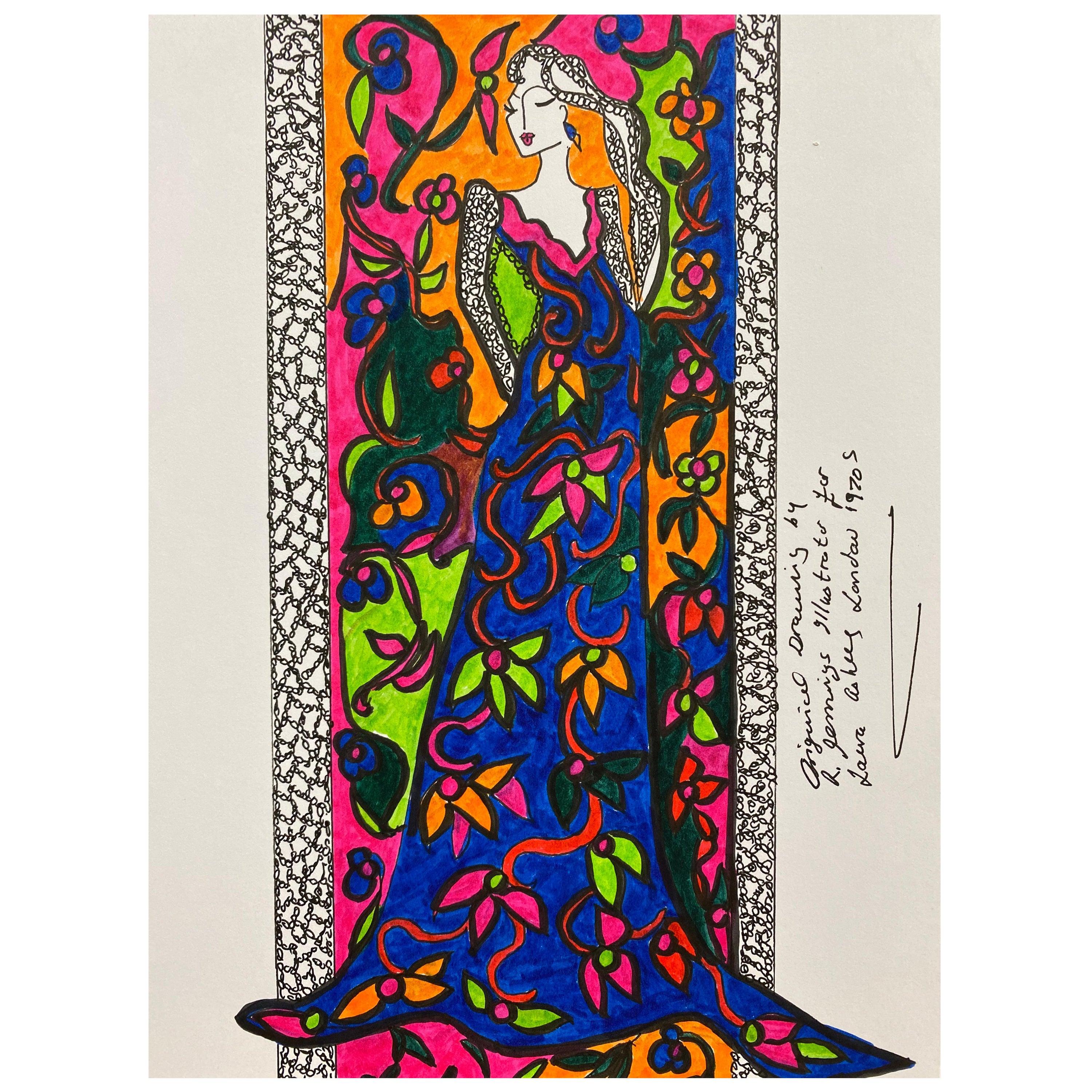 Unknown Figurative Art - Original Fashion Design Illustration Watercolor Painting Laura Ashley Designer