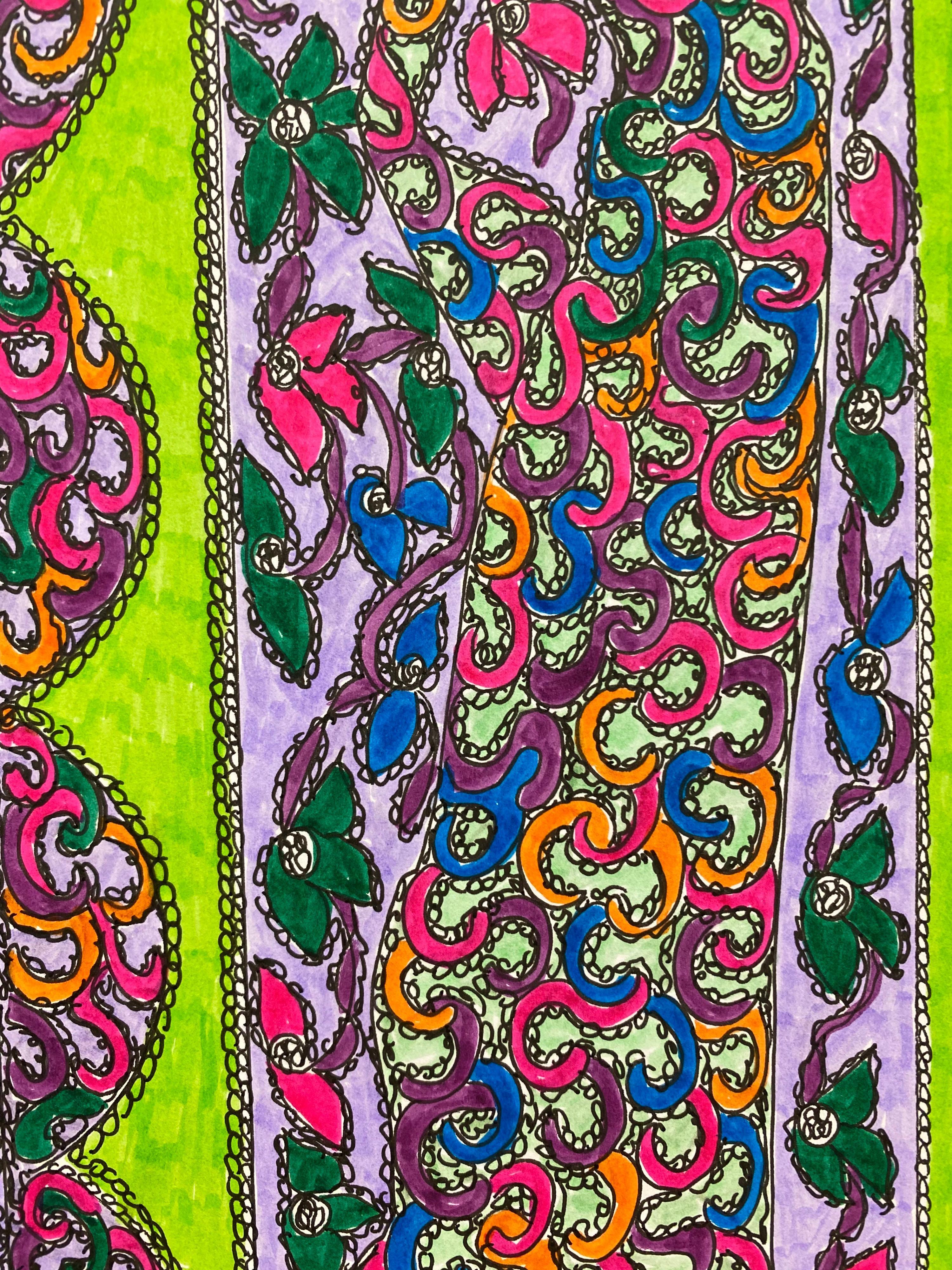 Original Fashion Design Illustration
by Roz Jennings, British
Watercolor and ink on card, unframed.
Size: 12 x 8.25 inches.
Condition: very good.

A beautifully colorful and characterful original artwork by British fashion designer, Roz Jennings. We