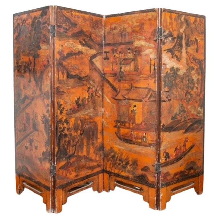 Écran chinois ancien à quatre feuilles peint à la main - Art de Unknown