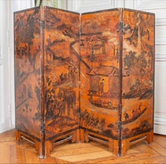 Antique Chinese Four Leaf Panel Hand-Painted Lacquer Screen