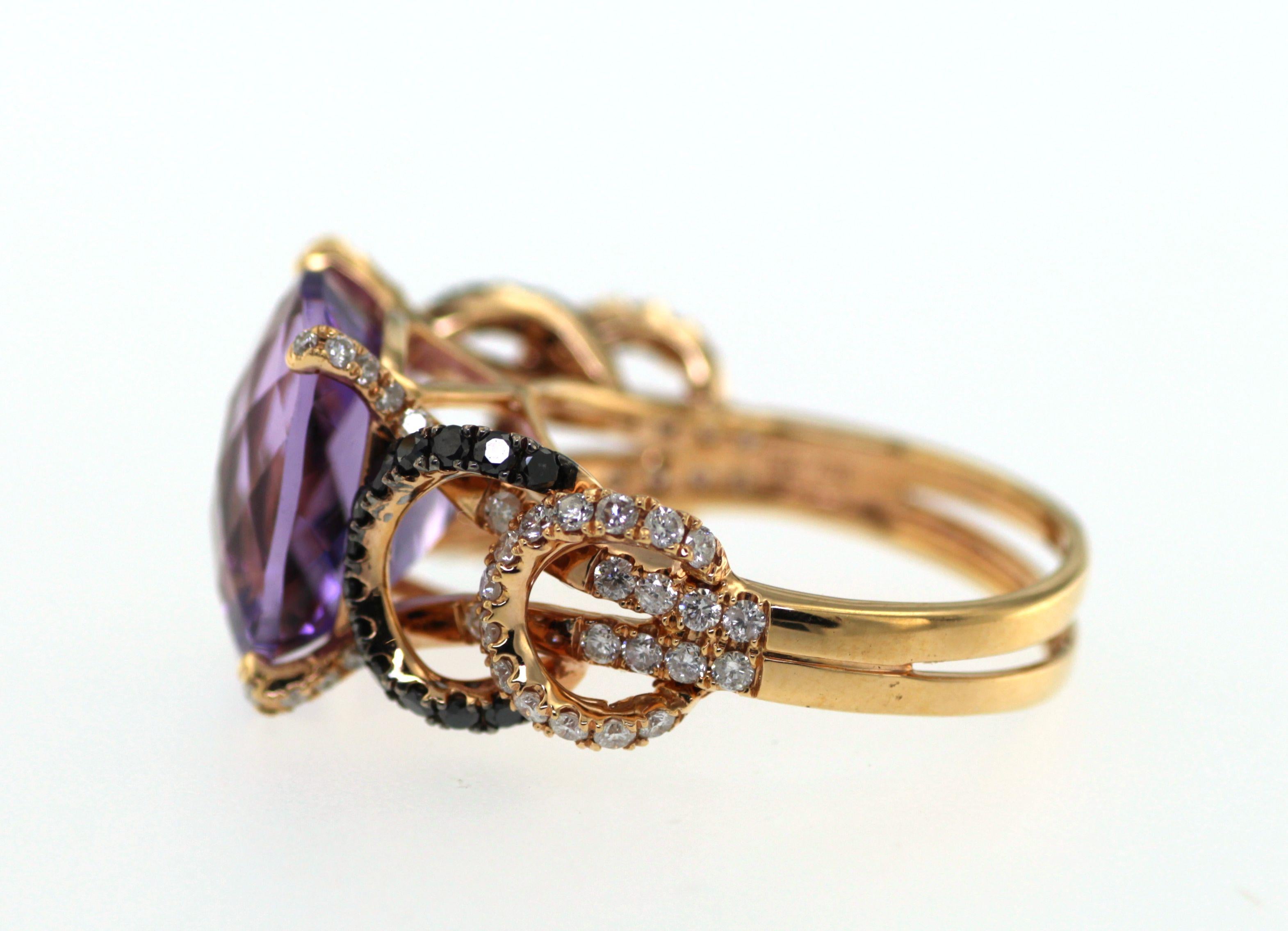6.44Ct Cushion Cut Amethyst with Black and White Diamonds in 18K Rose Gold For Sale 3