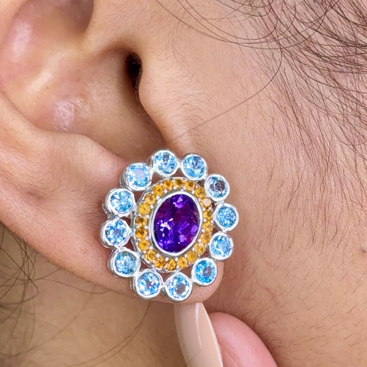 6.45 Carat Carnation Round Multi Gems Studs Silver Earring in sterling silver to make a statement with your look. You shall need stud earrings to make a statement with your look. These earrings create a sparkling, luxurious look featuring, marquise