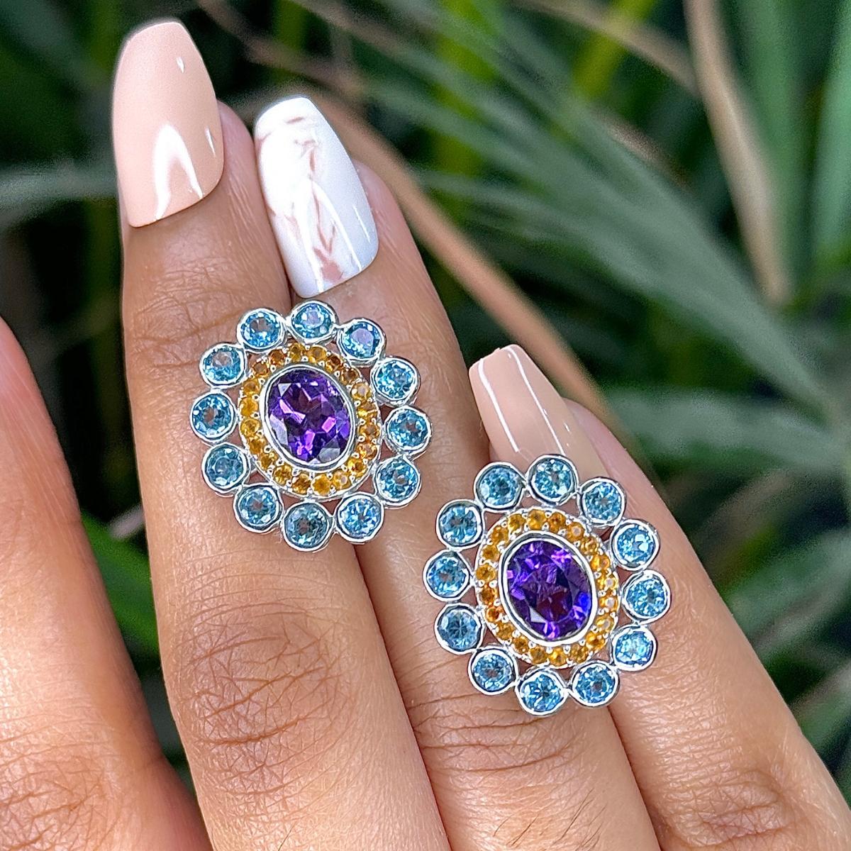 Mixed Cut 6.45 Carat Carnation Round Multi Gems Studs Silver Earring for Graduation Gift For Sale