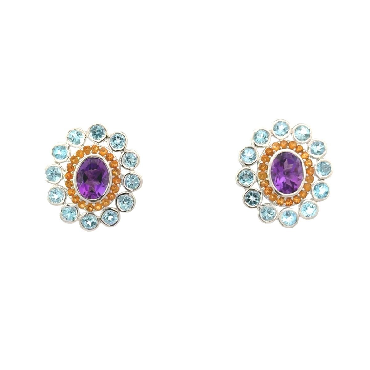 6.45 Carat Carnation Round Multi Gems Studs Silver Earring for Graduation Gift For Sale 1