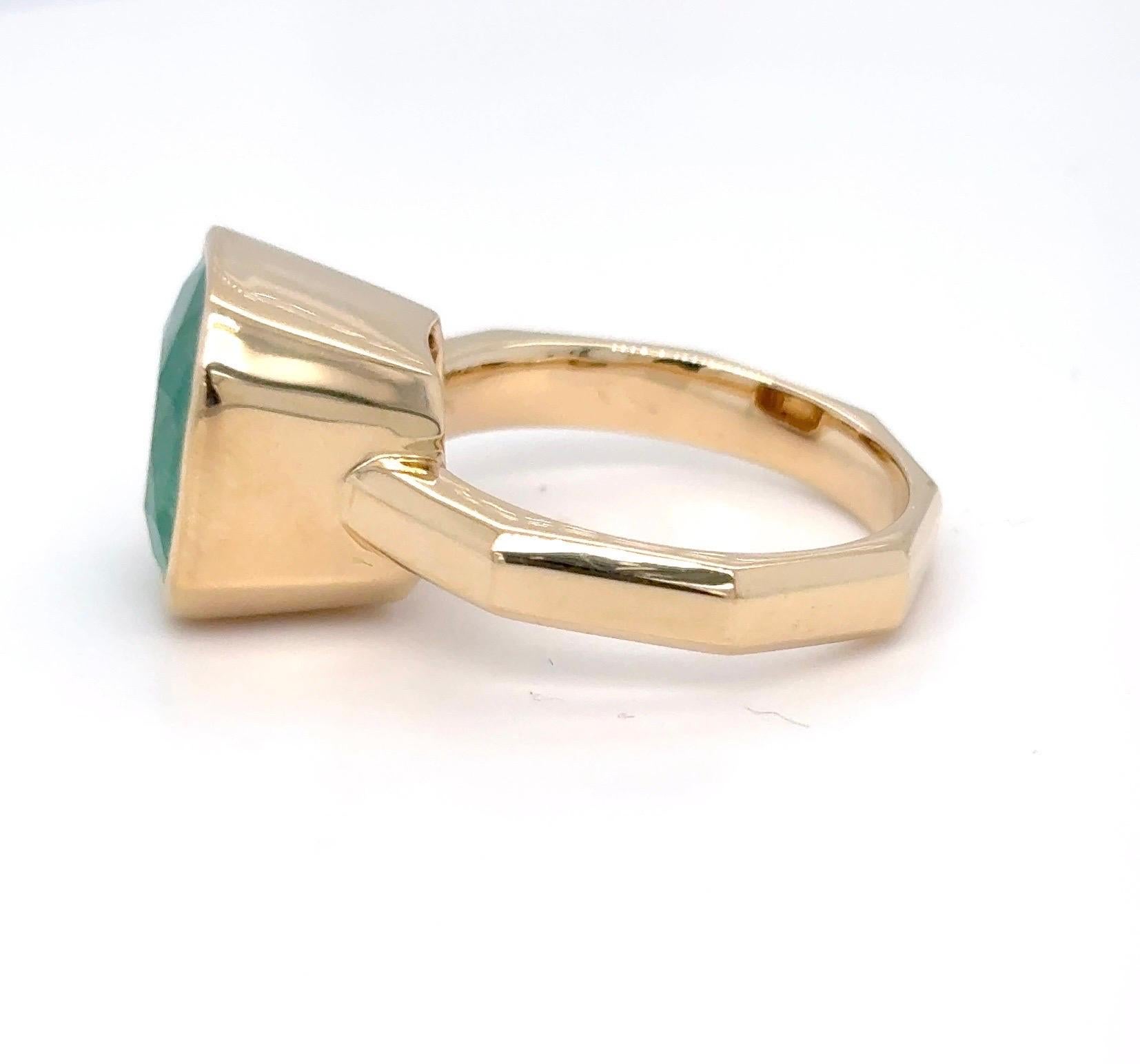 6.45 Carat Cushion Cut Colombian Emerald Yellow Gold Ring For Sale 12