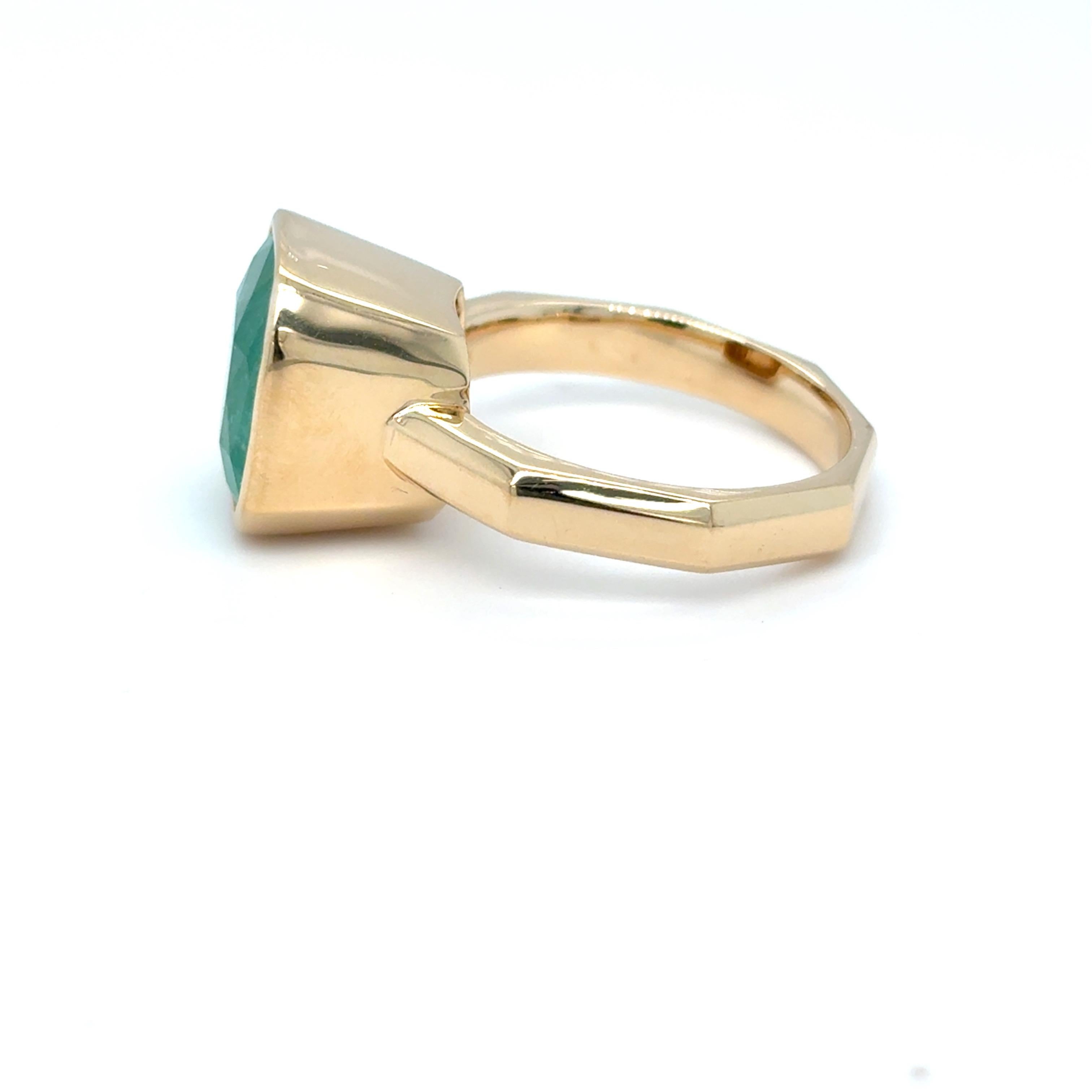 6.45 Carat Cushion Cut Colombian Emerald Yellow Gold Ring For Sale 14