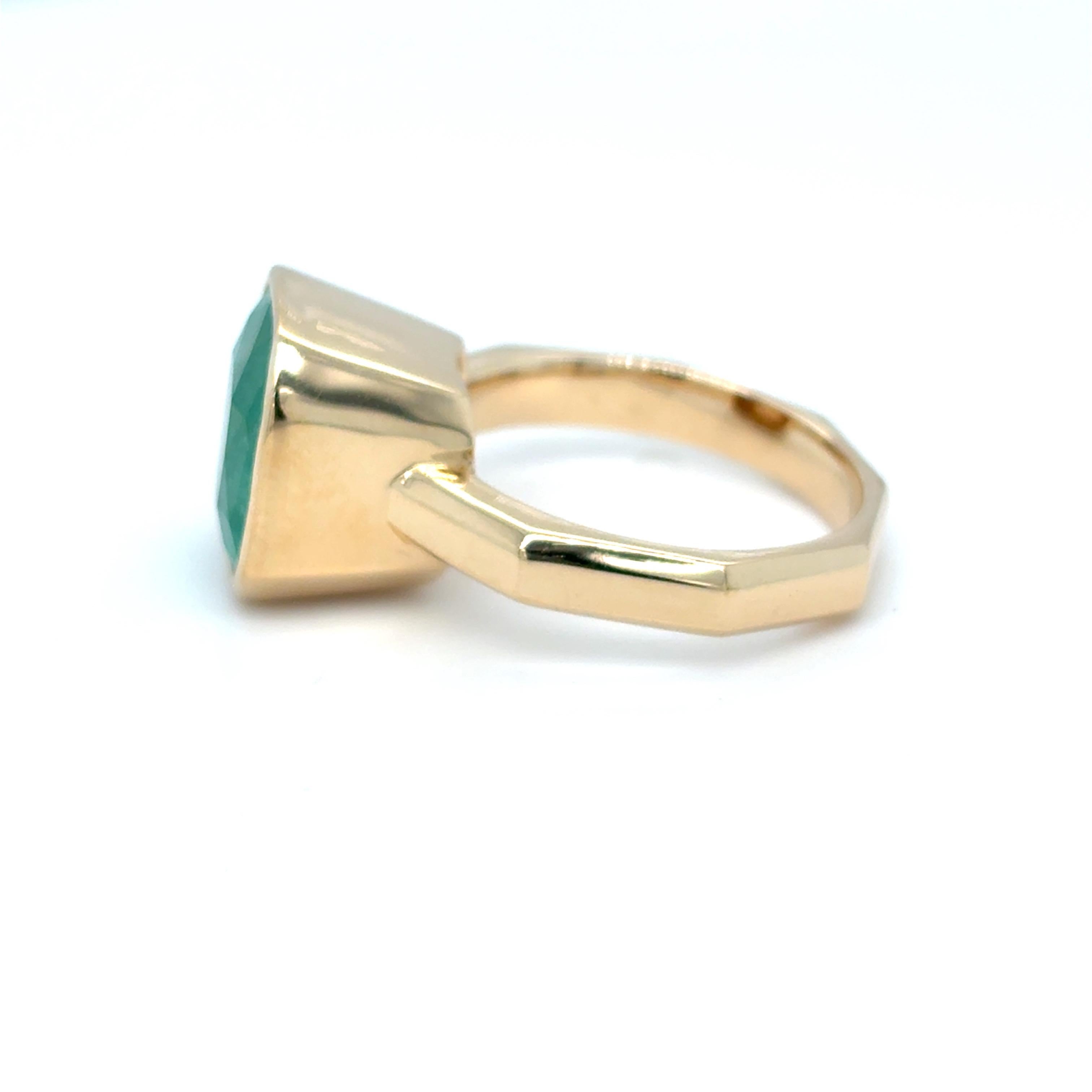 6.45 Carat Cushion Cut Colombian Emerald Yellow Gold Ring For Sale 4
