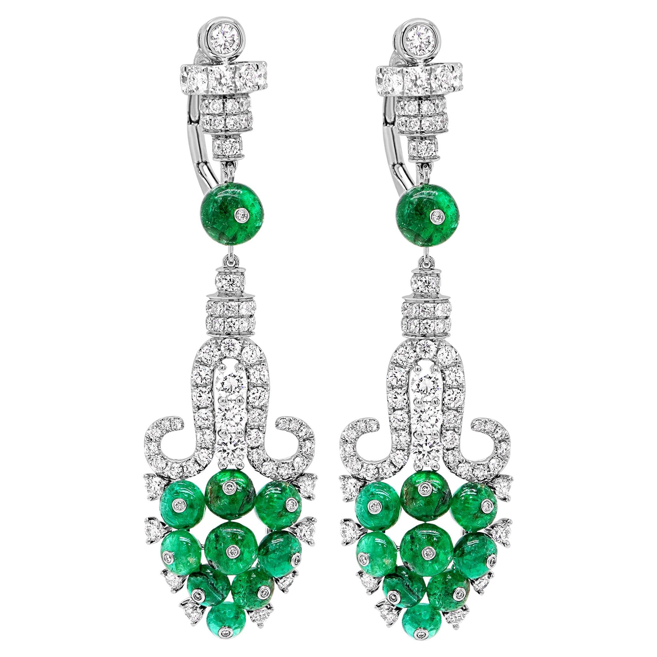 6.45 Carat Emerald & 2.13 Carat White Diamond F VS Vintage Design 18K Earring For Sale