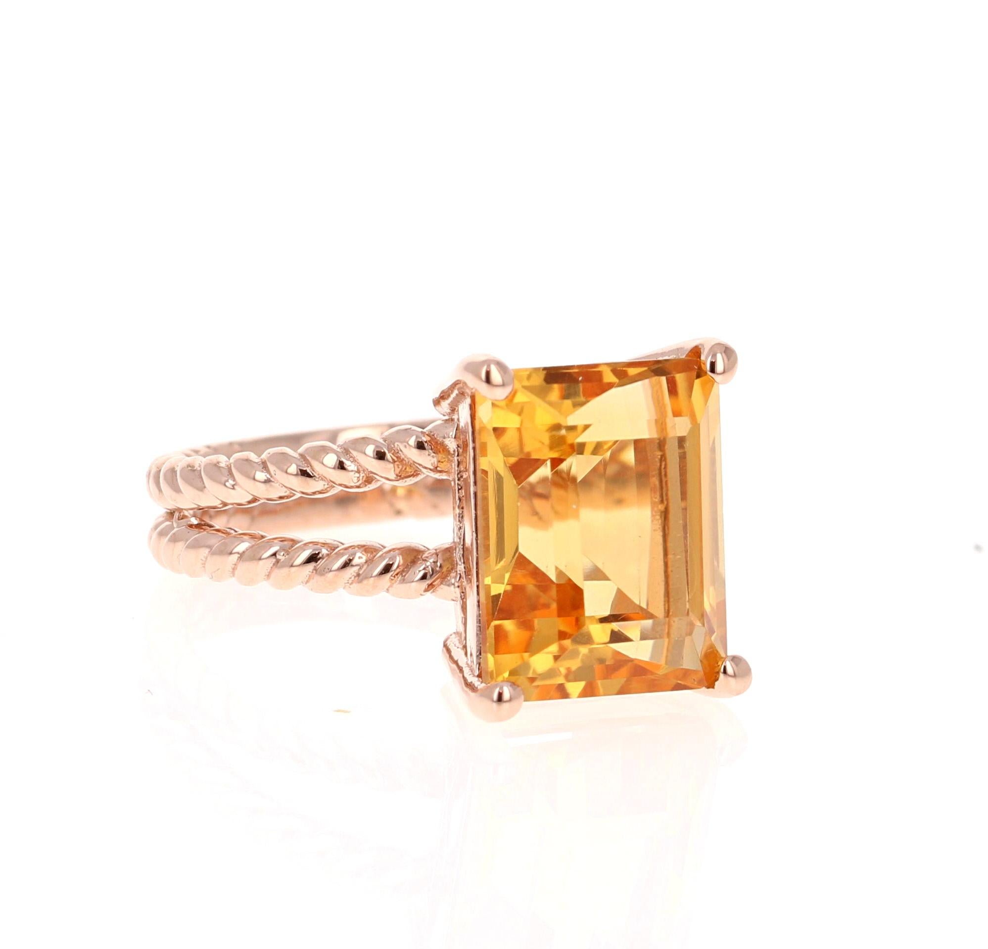 Modern 6.45 Carat Emerald Cut Citrine Quartz Rose Gold Cocktail Ring