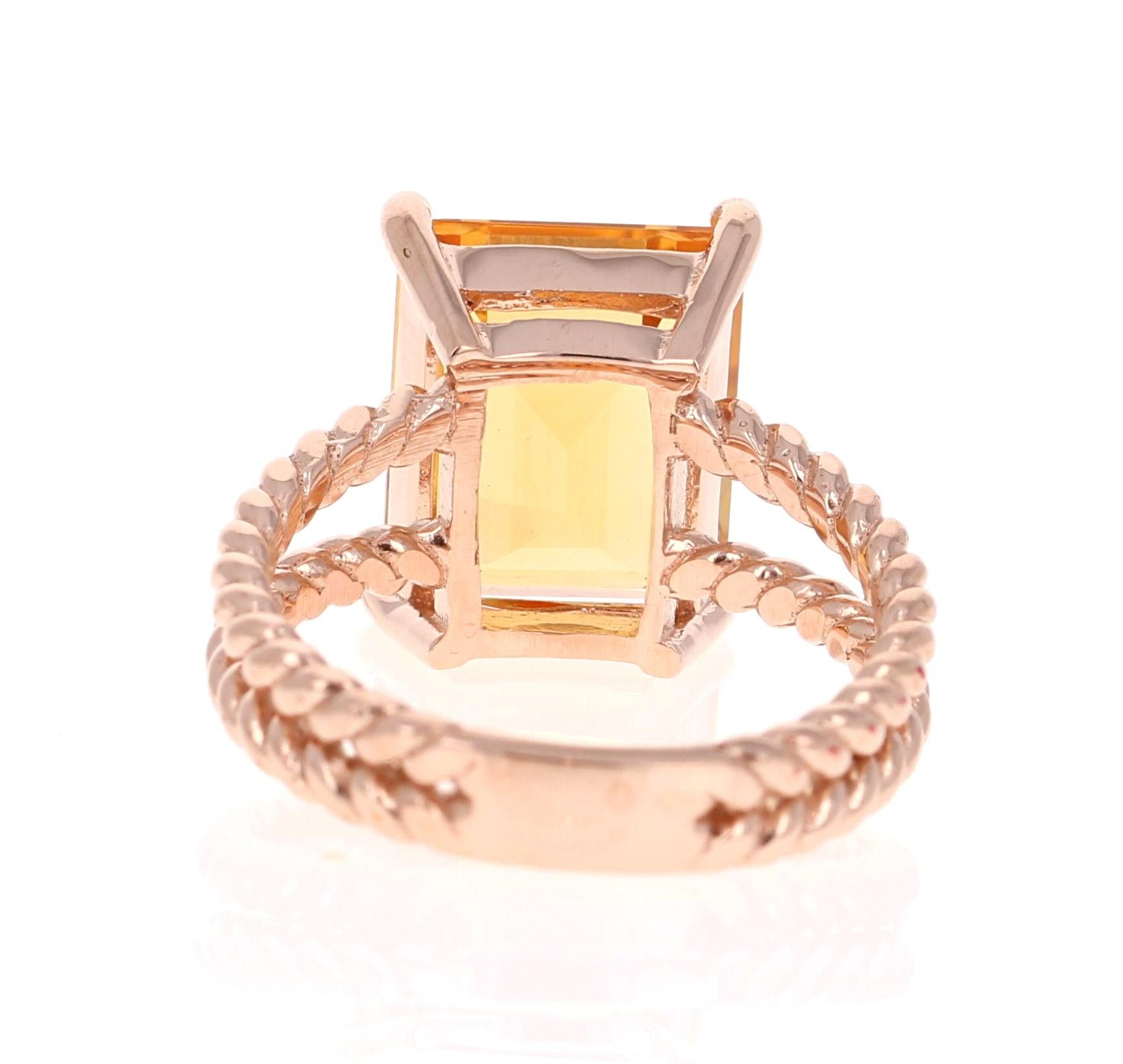 6.45 Carat Emerald Cut Citrine Quartz Rose Gold Cocktail Ring In New Condition In Los Angeles, CA