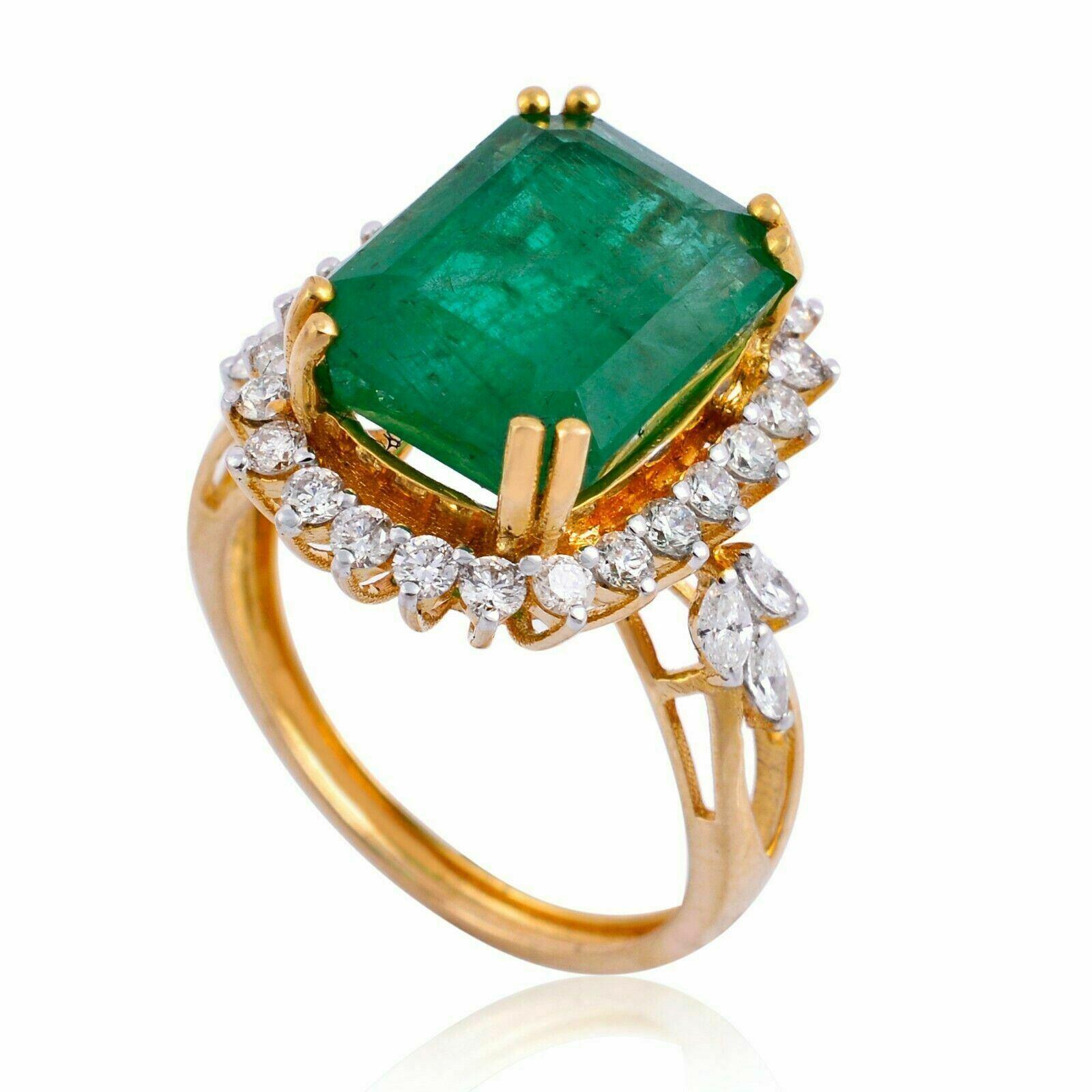 This ring has been meticulously crafted from 14-karat gold.  It is hand set with 6.45 carats emerald & .80 carats of sparkling diamonds. 

The ring is a size 7 and may be resized to larger or smaller upon request. 
FOLLOW  MEGHNA JEWELS storefront