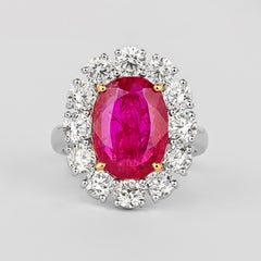 6.45 Carat No-Heat Burma Ruby Oval Cut & Round Diamond Halo Ring
