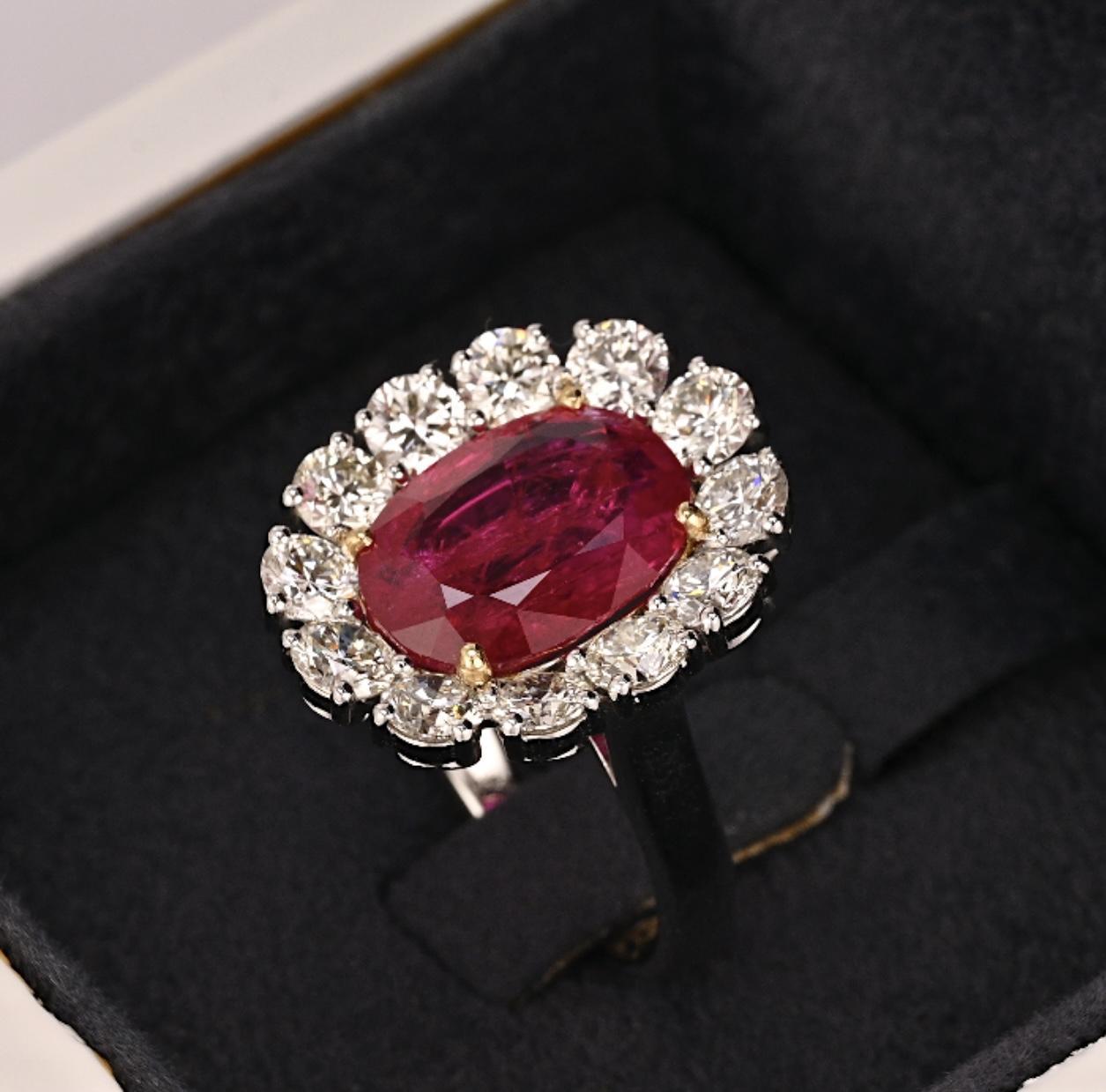 6.45 Carat No-Heat Burma Ruby Oval Cut & Round Diamond Halo Ring In Good Condition For Sale In Miami, FL