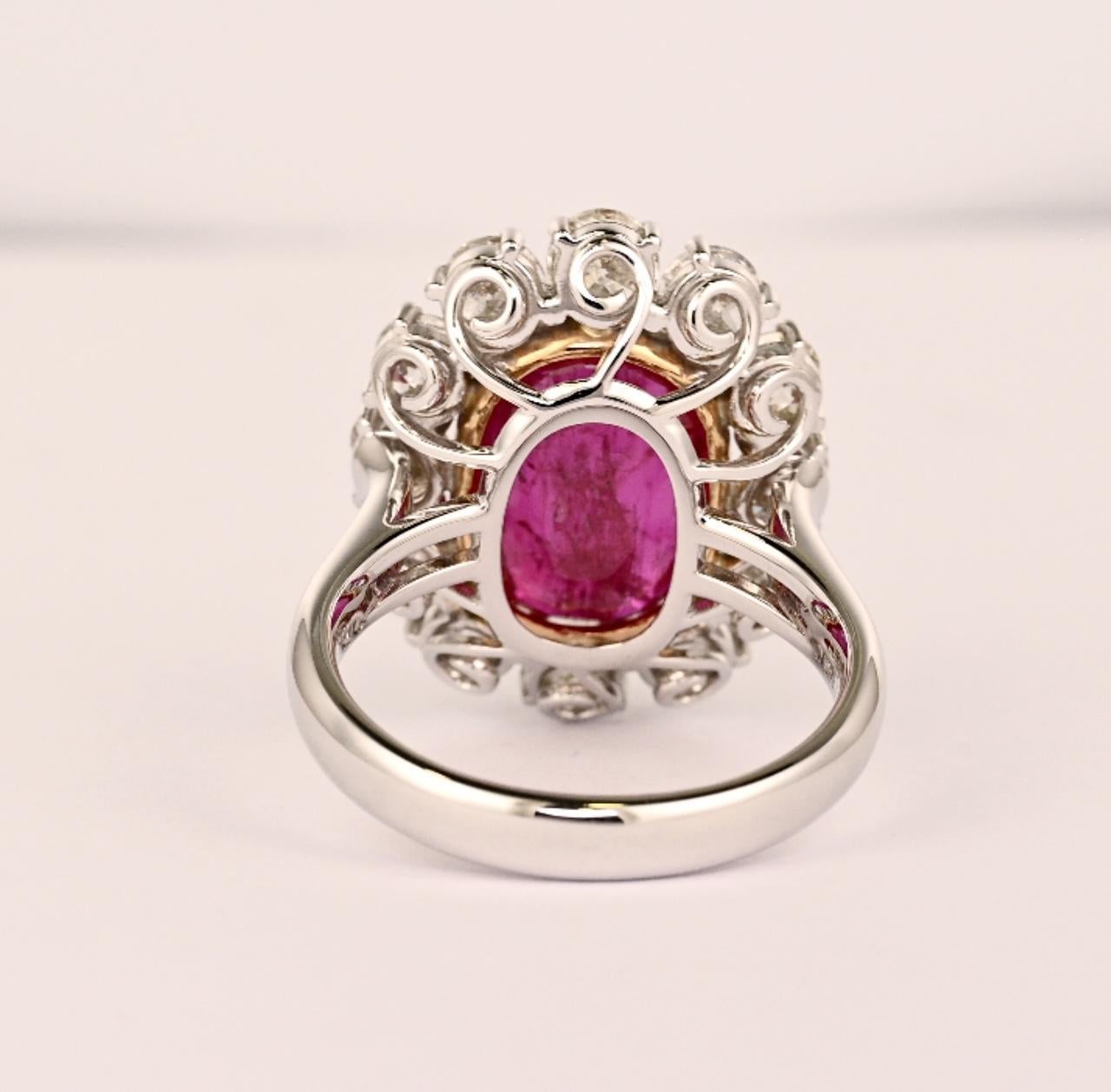Women's 6.45 Carat No-Heat Burma Ruby Oval Cut & Round Diamond Halo Ring For Sale