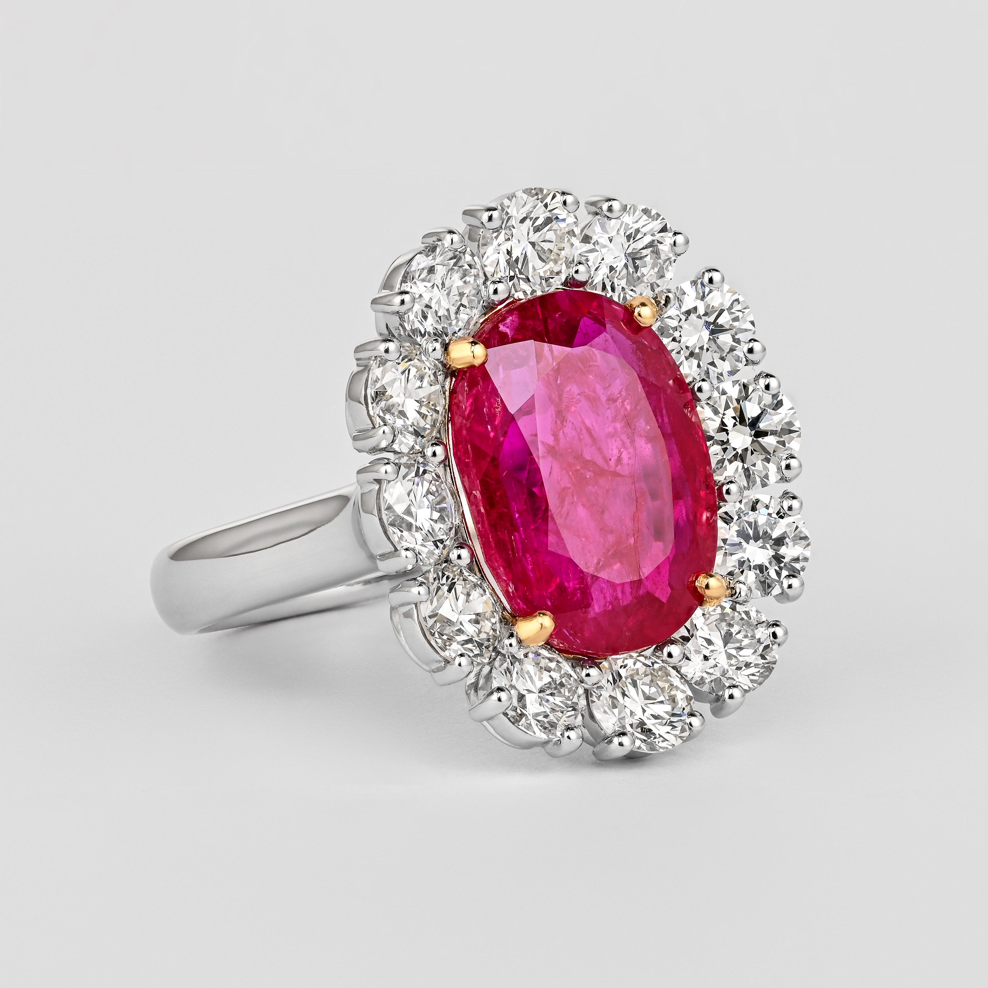 6.45 Carat No-Heat Burma Ruby Oval Cut & Round Diamond Halo Ring For Sale 3
