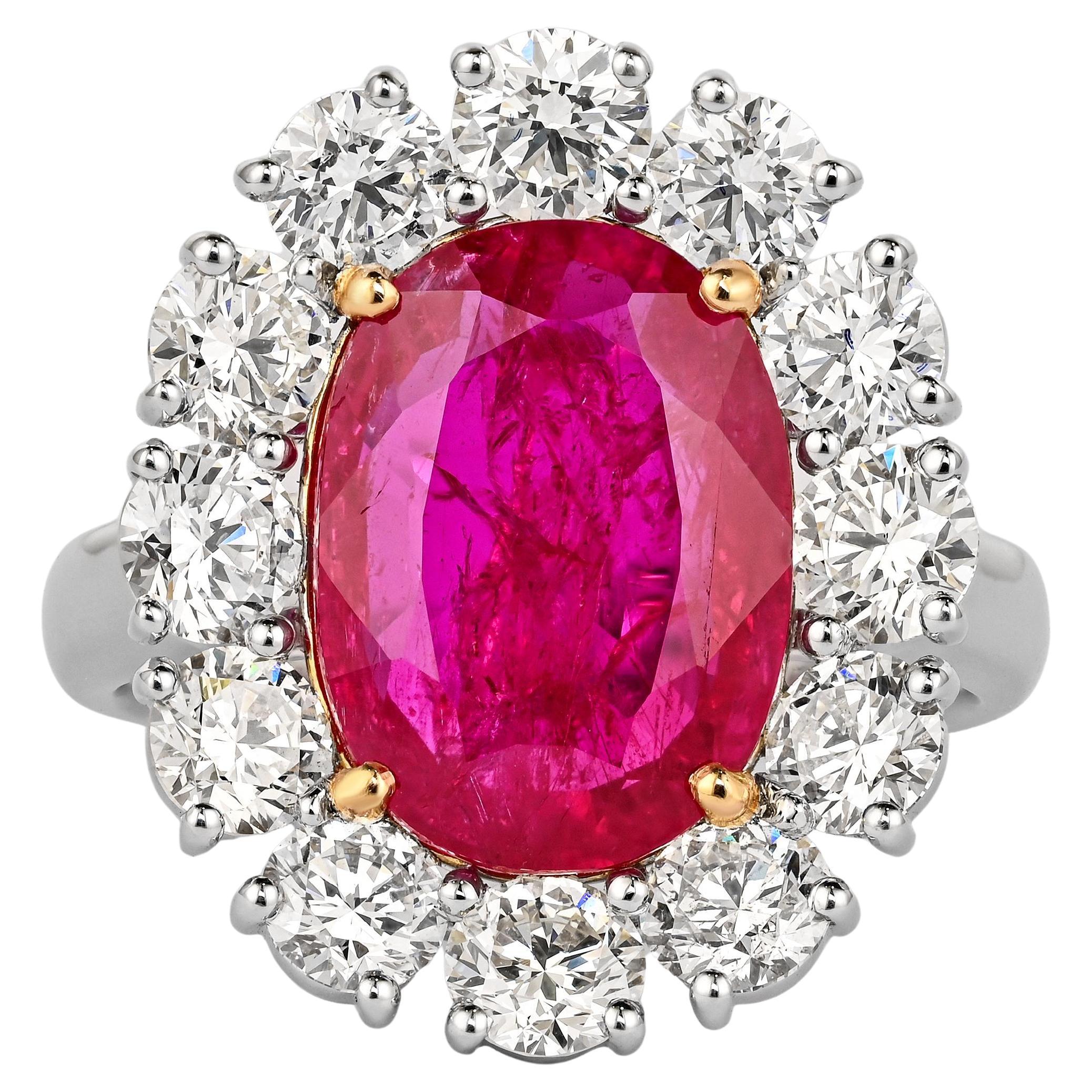 6.45 Carat No-Heat Burma Ruby Oval Cut & Round Diamond Halo Ring