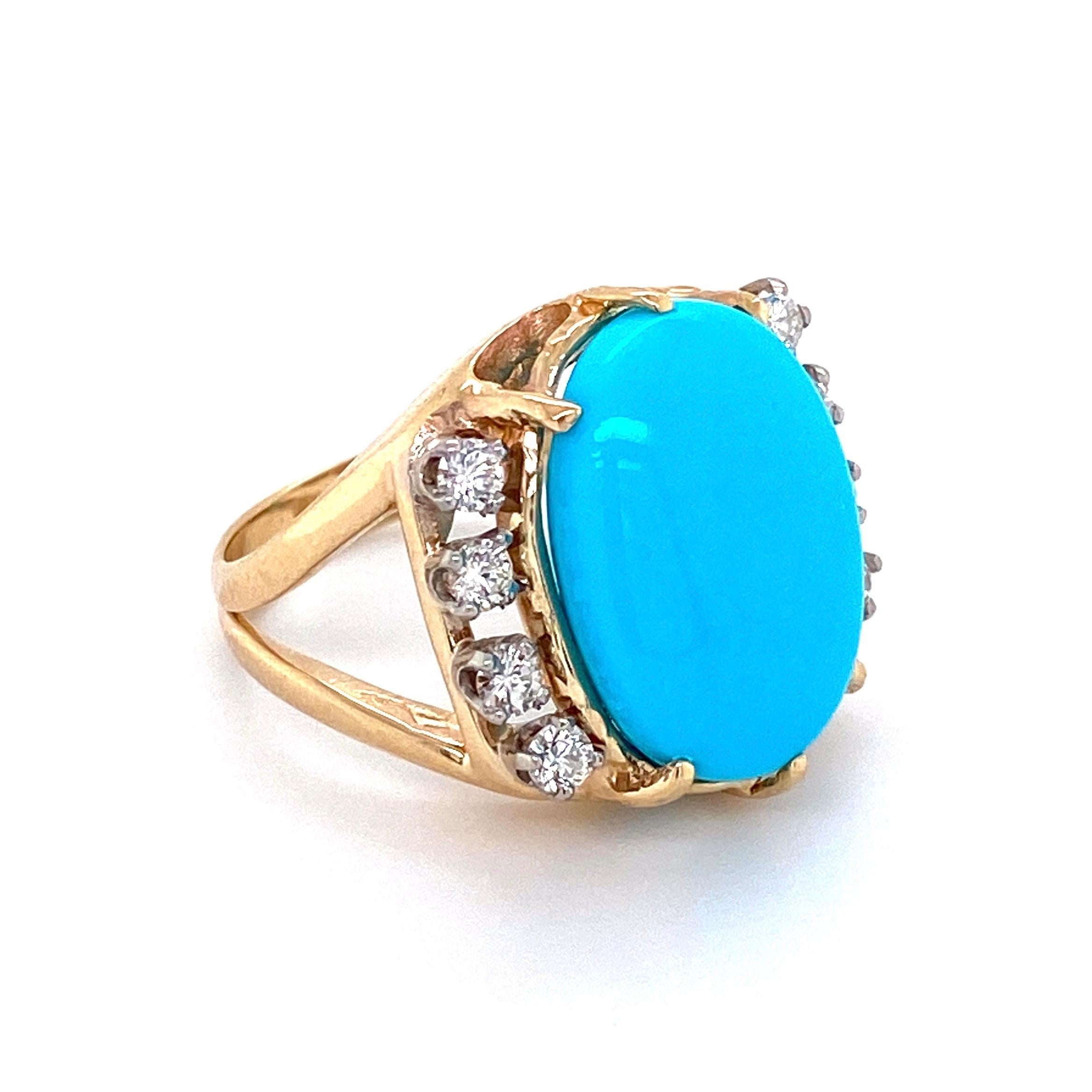 Modernist 6.45 Carat Turquoise and Diamond Gold Cocktail Ring Estate Fine Jewelry