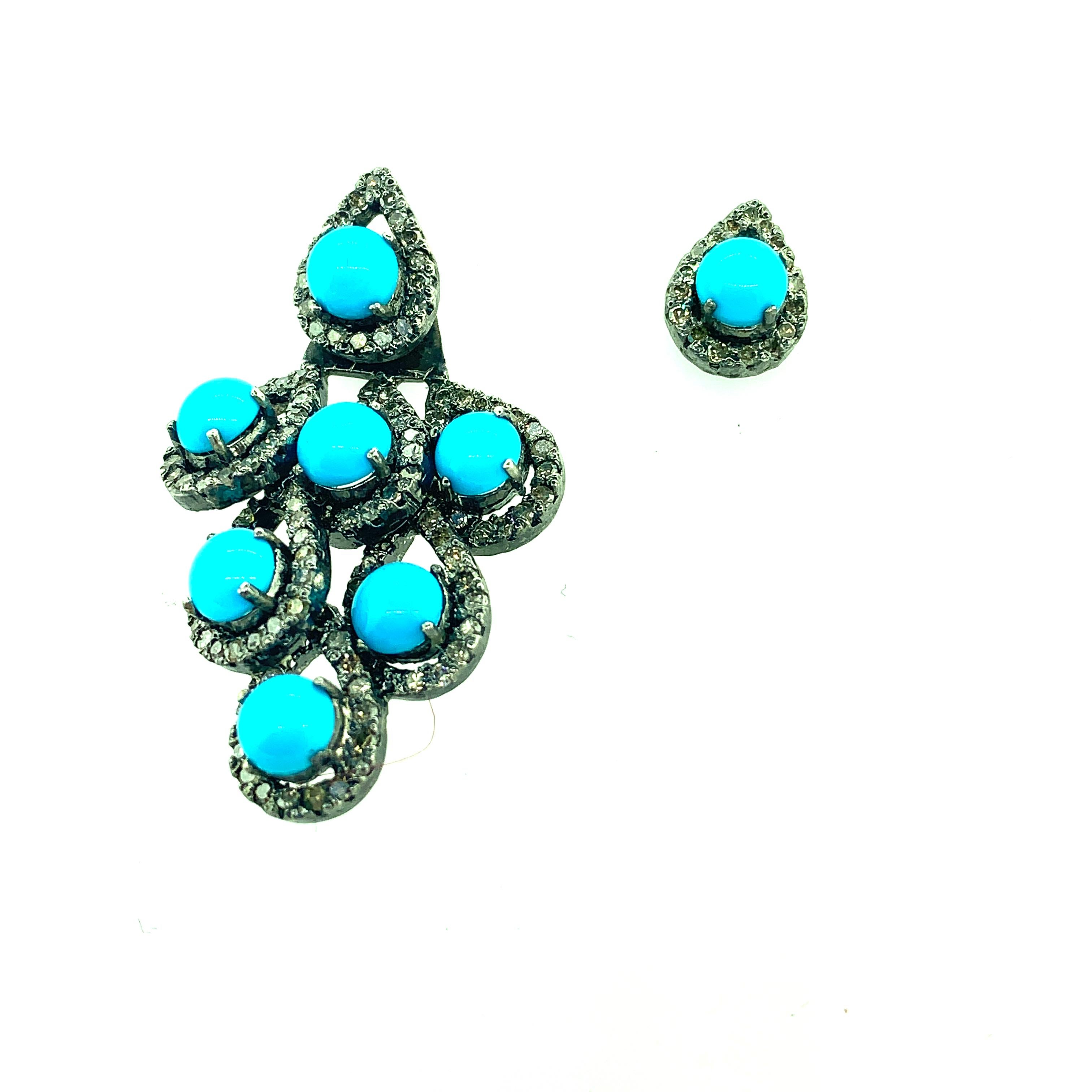 Contemporary 6.45 Carat Turquoise, Diamond Earring in Oxidized Sterling Silver, 14 Karat Gold For Sale