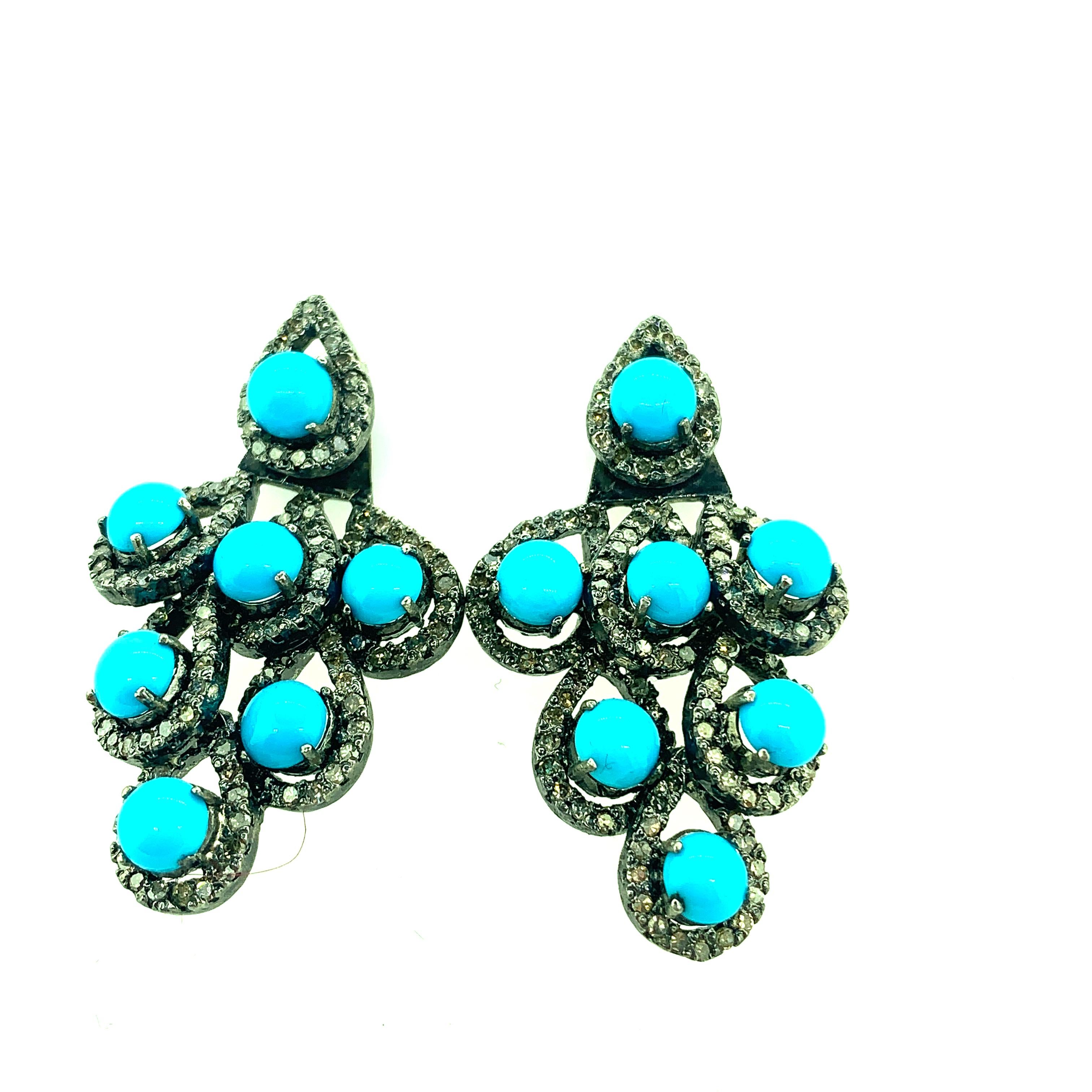 Round Cut 6.45 Carat Turquoise, Diamond Earring in Oxidized Sterling Silver, 14 Karat Gold For Sale