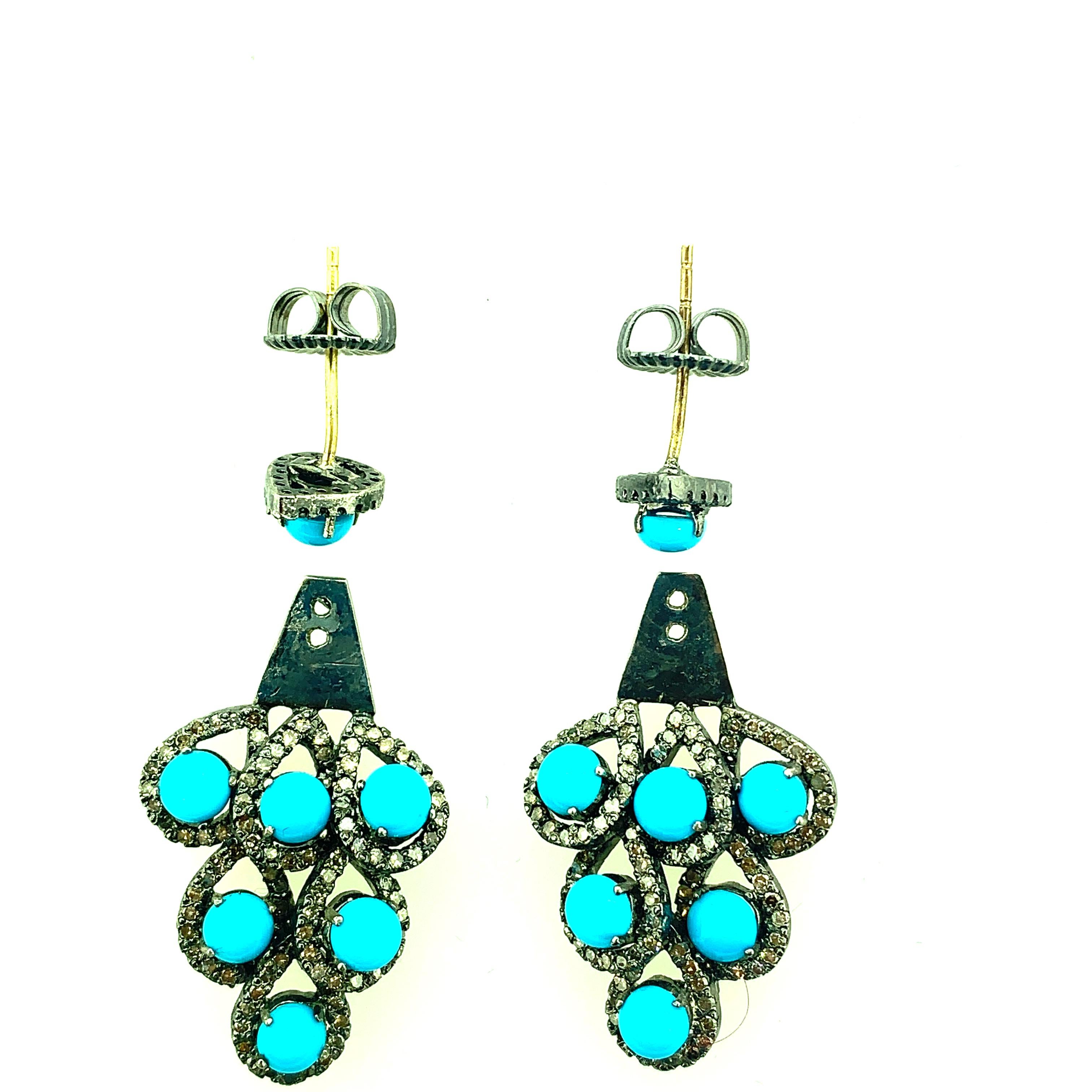 Women's or Men's 6.45 Carat Turquoise, Diamond Earring in Oxidized Sterling Silver, 14 Karat Gold For Sale